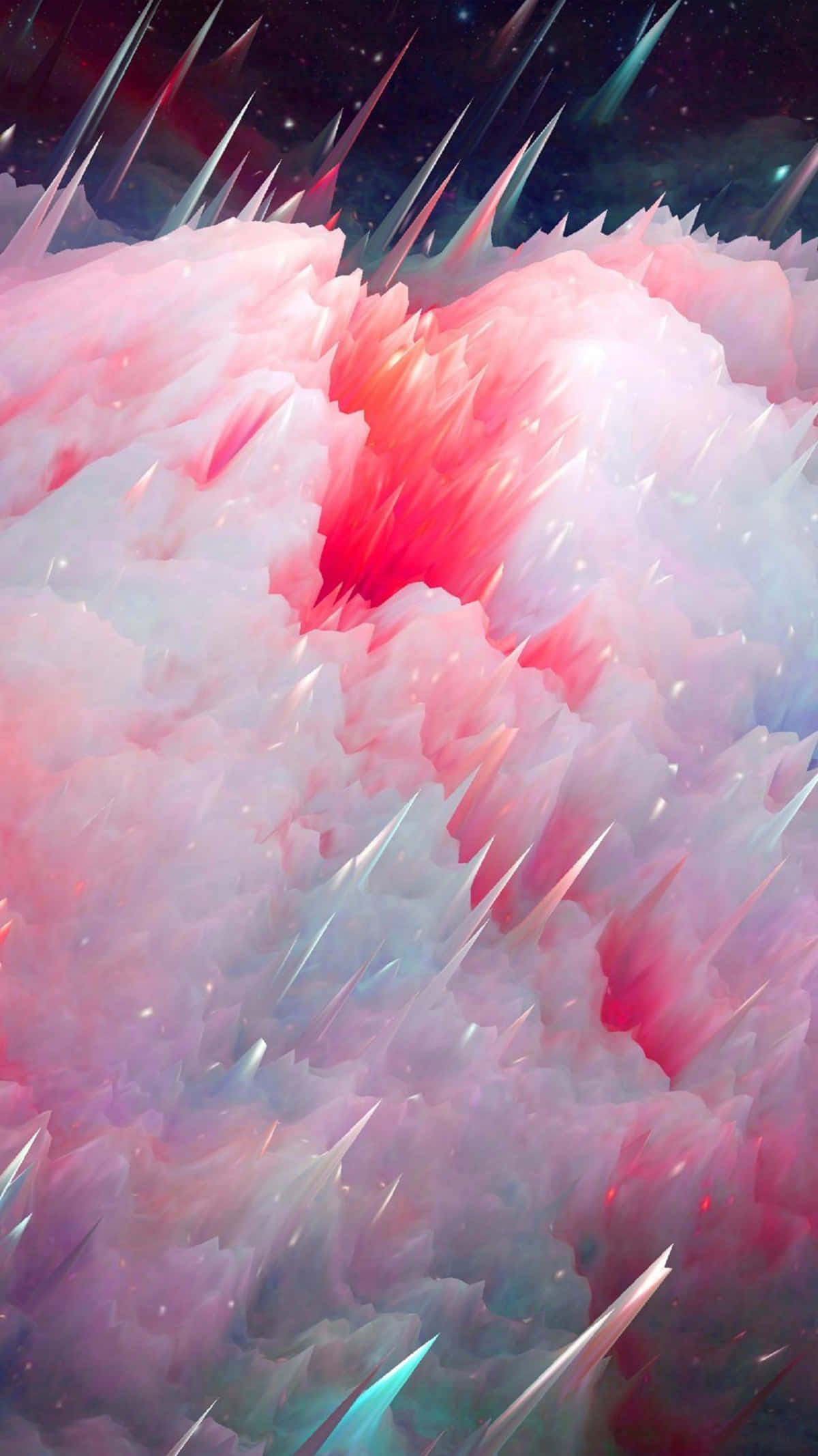 迷人4K彩色柔霧雲抽象壁紙 壁紙 — 一個宇宙星雲，帶有粉紅色和藍綠色的晶體尖刺，在繁星點點的夜空中閃耀。