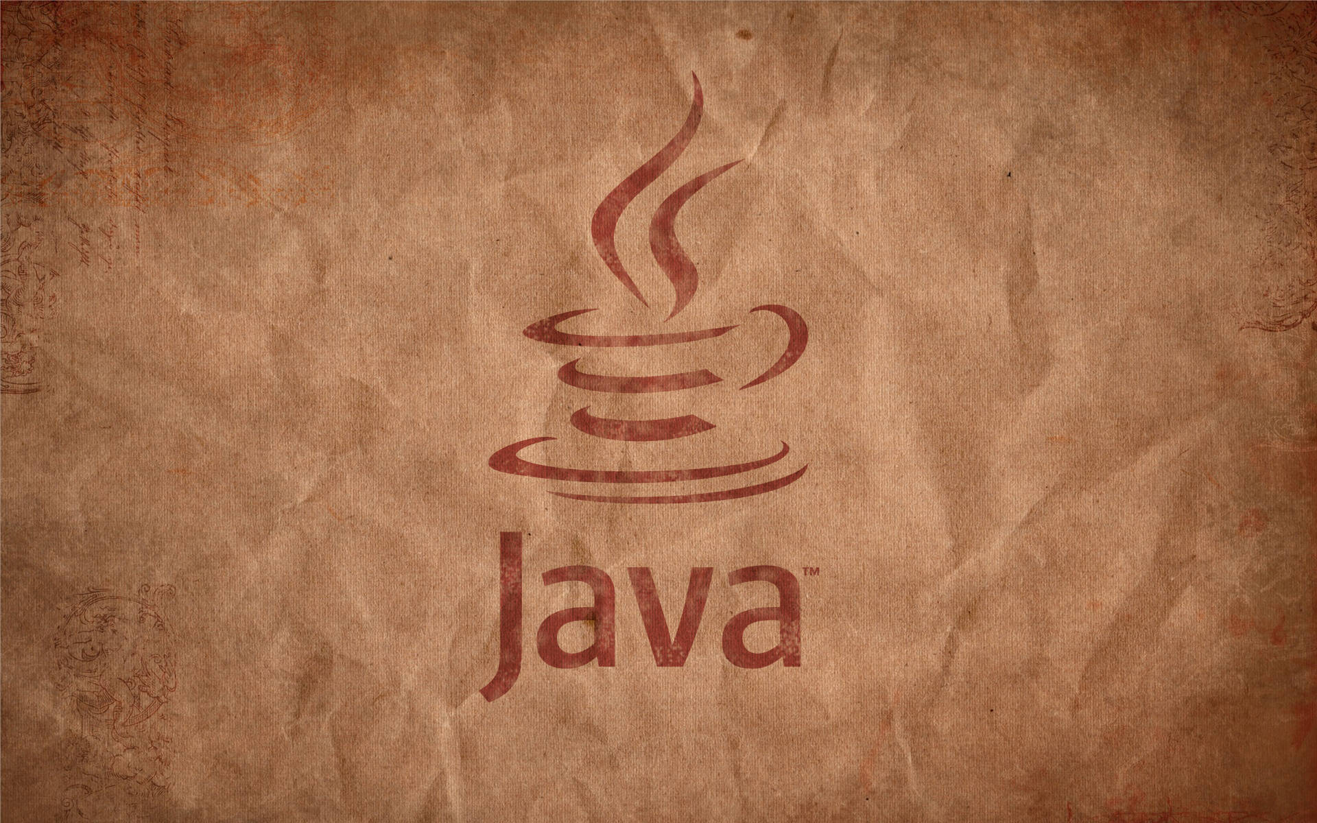 Java 程式設計標誌以紅色印在帶有裝飾邊框的陳舊皺紙上。