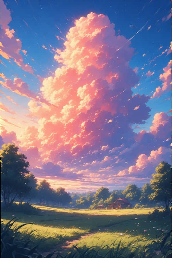動漫夕陽鄉村風景 – 夢幻絢麗 4K 壁紙 — 鮮豔的粉紅色和藍色雲層主導著寧靜的鄉村景觀，一條蜿蜒的小路通向遠處的木屋。