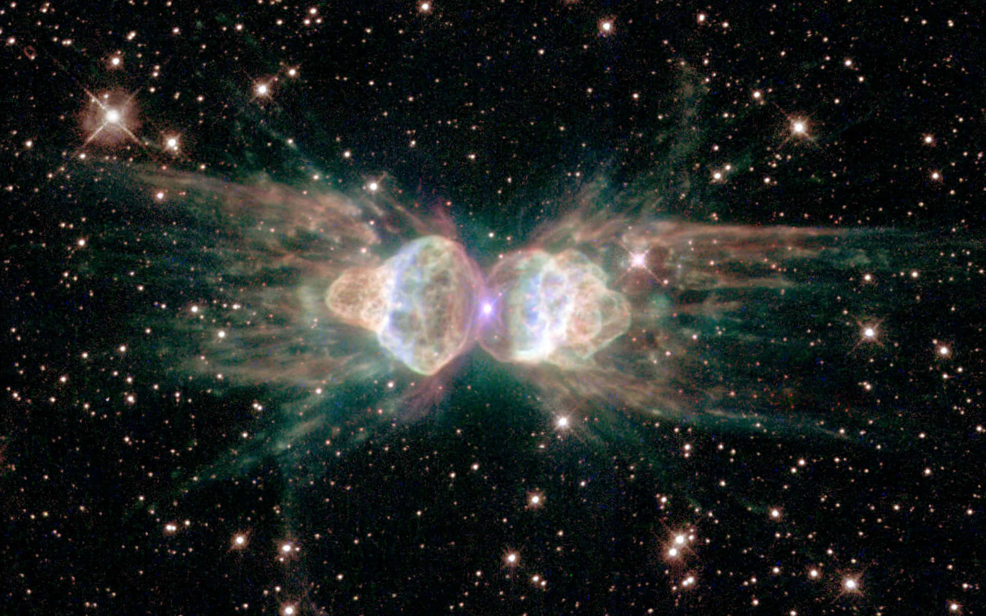 美麗的哈勃4K宇宙視野 壁紙 — 一個宇宙星雲，兩個發光球體在星空中釋放出色彩繽紛的氣體雲。