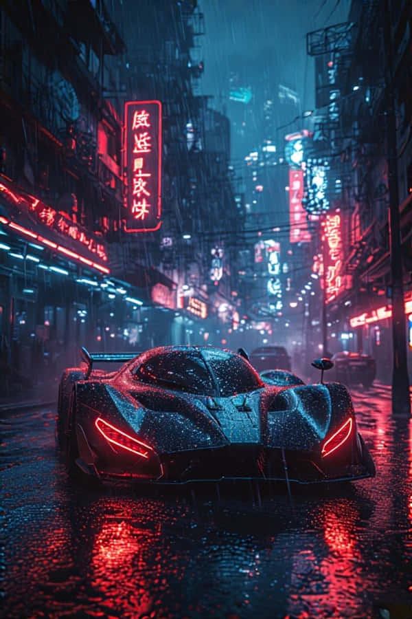 霓虹雨巷中的賽博龐克超跑——未來感4K 壁紙 — 一輛時尚的黑色跑車，帶有發光的紅色尾燈，停在未來城市夜晚被雨淋濕的霓虹燈街道上。