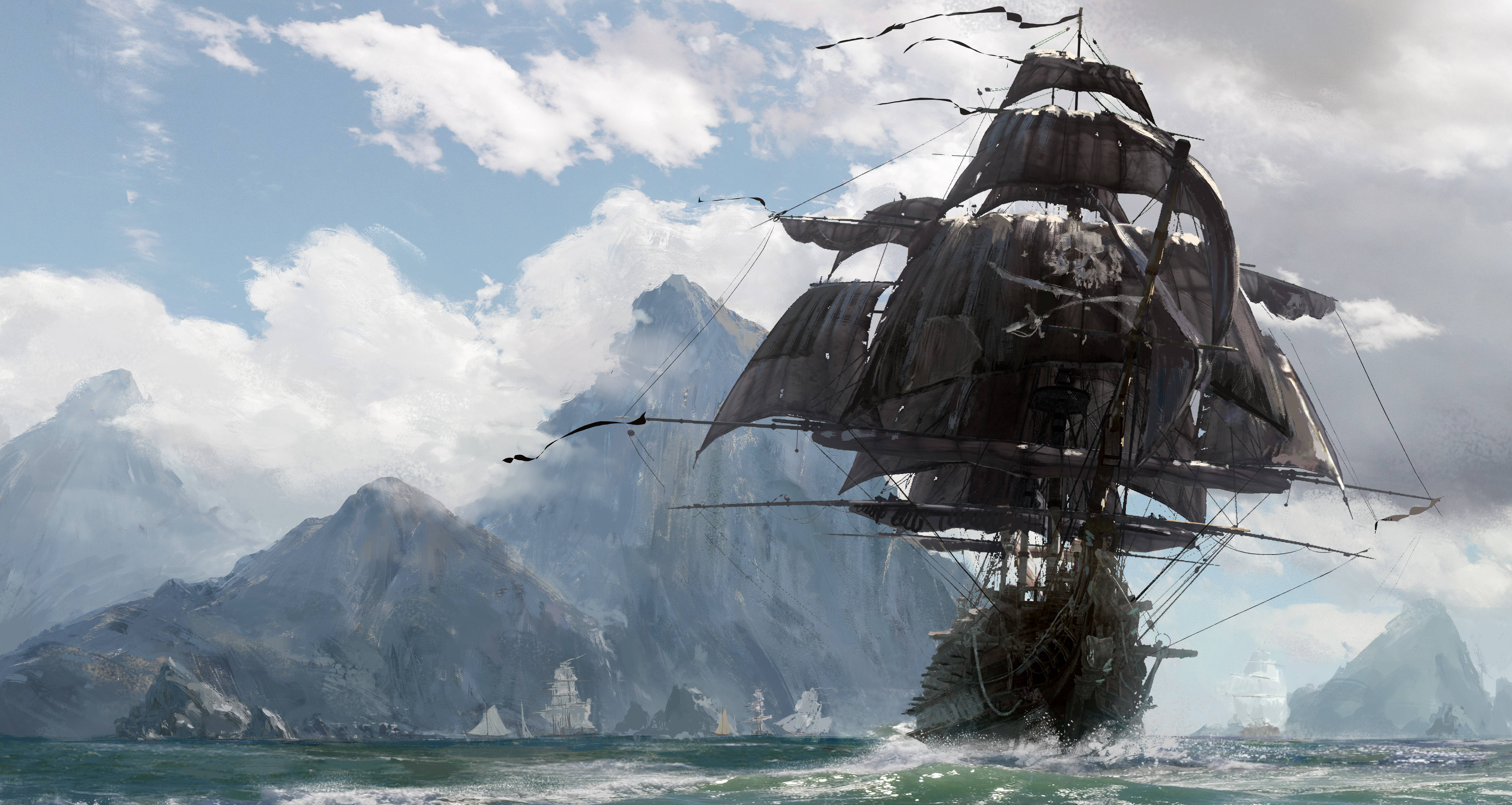 4K 海盜船畫作 壁紙 — 一艘破舊的海盜船在波濤洶湧的海面上航行，白雪覆蓋的山脈在陰雲密佈的天空下若隱若現。