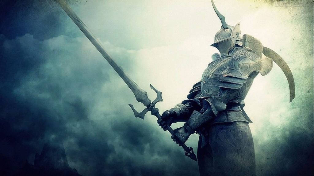 黑暗之魂 4K 多雲天空 壁紙 — 一位身穿華麗盔甲的騎士，手持巨劍，挑釁地站在暴風雨的天空下。