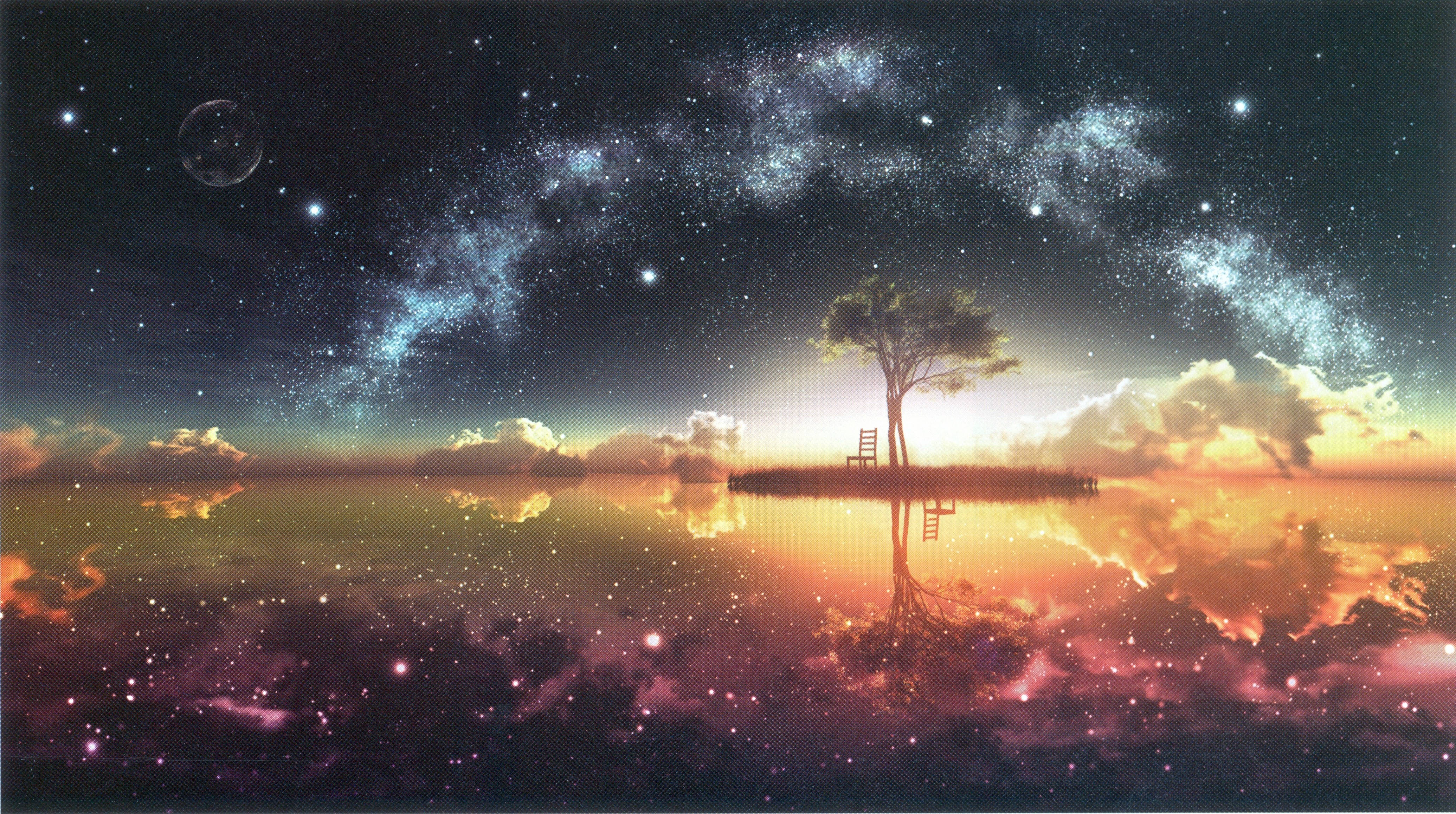 幻想星空與樹木動漫 4K 壁紙 — 一棵孤樹在浮島上，星空銀河下，旁邊有一張木椅，倒映在發光的水中。