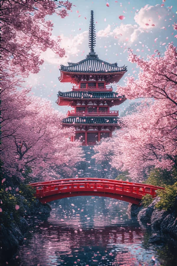 京都塔與櫻花寧靜日本 4K 壁紙 — 一座紅色寶塔在彎曲的橋後升起，粉紅色的櫻花在明亮的藍天中飄揚。