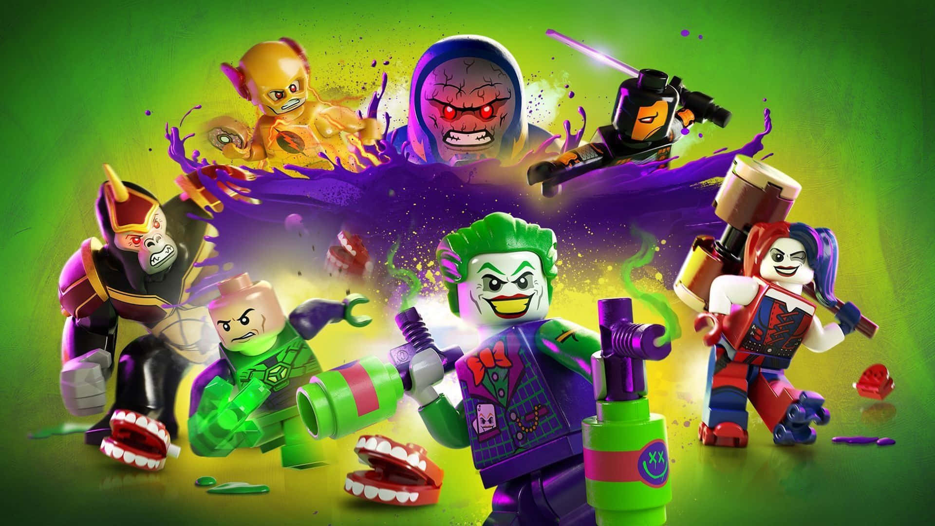 LEGO DC反派在混亂的動作中，伴有綠色和紫色的爆炸。