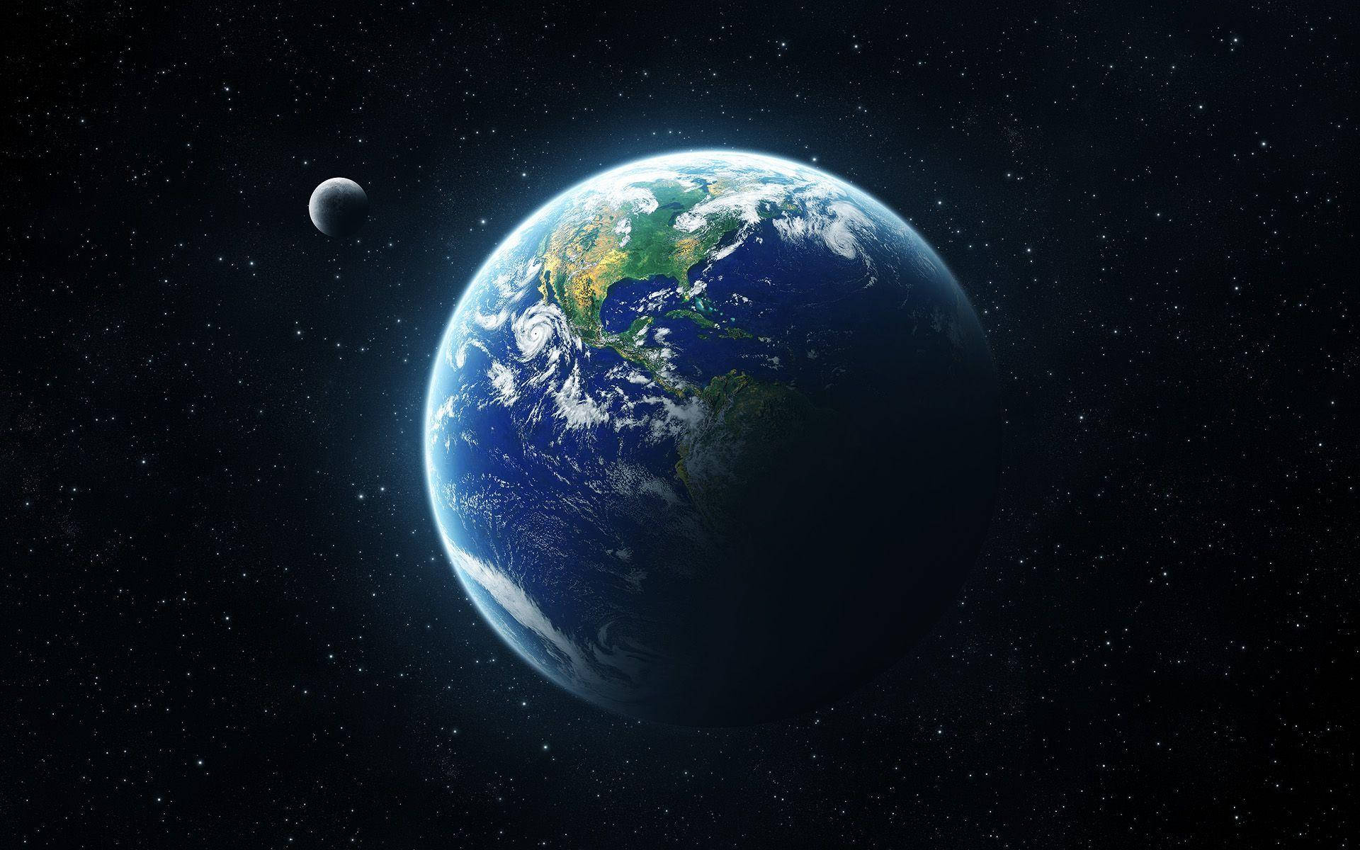 太空中的世界地球與月球 4K 壁紙 — 從太空俯瞰地球的壯麗景色，月球近在咫尺，星星點綴著黑色的虛空。