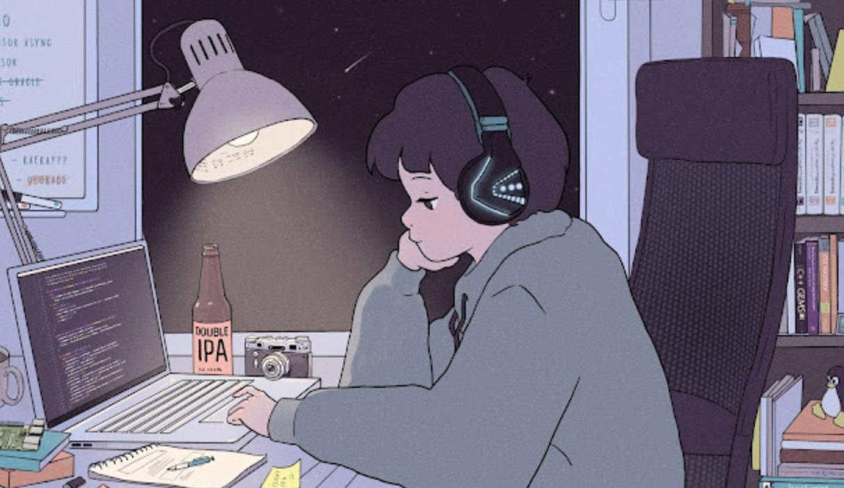夜間戴著耳機、桌上放著啤酒瓶編寫程式的人。