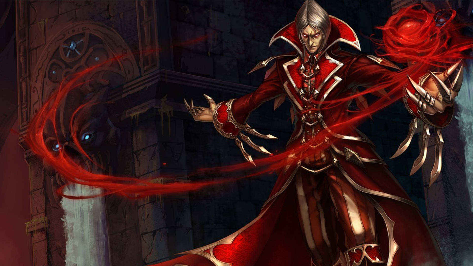 紅斗篷吸血鬼戰士在哥德式城堡施放紅色魔法