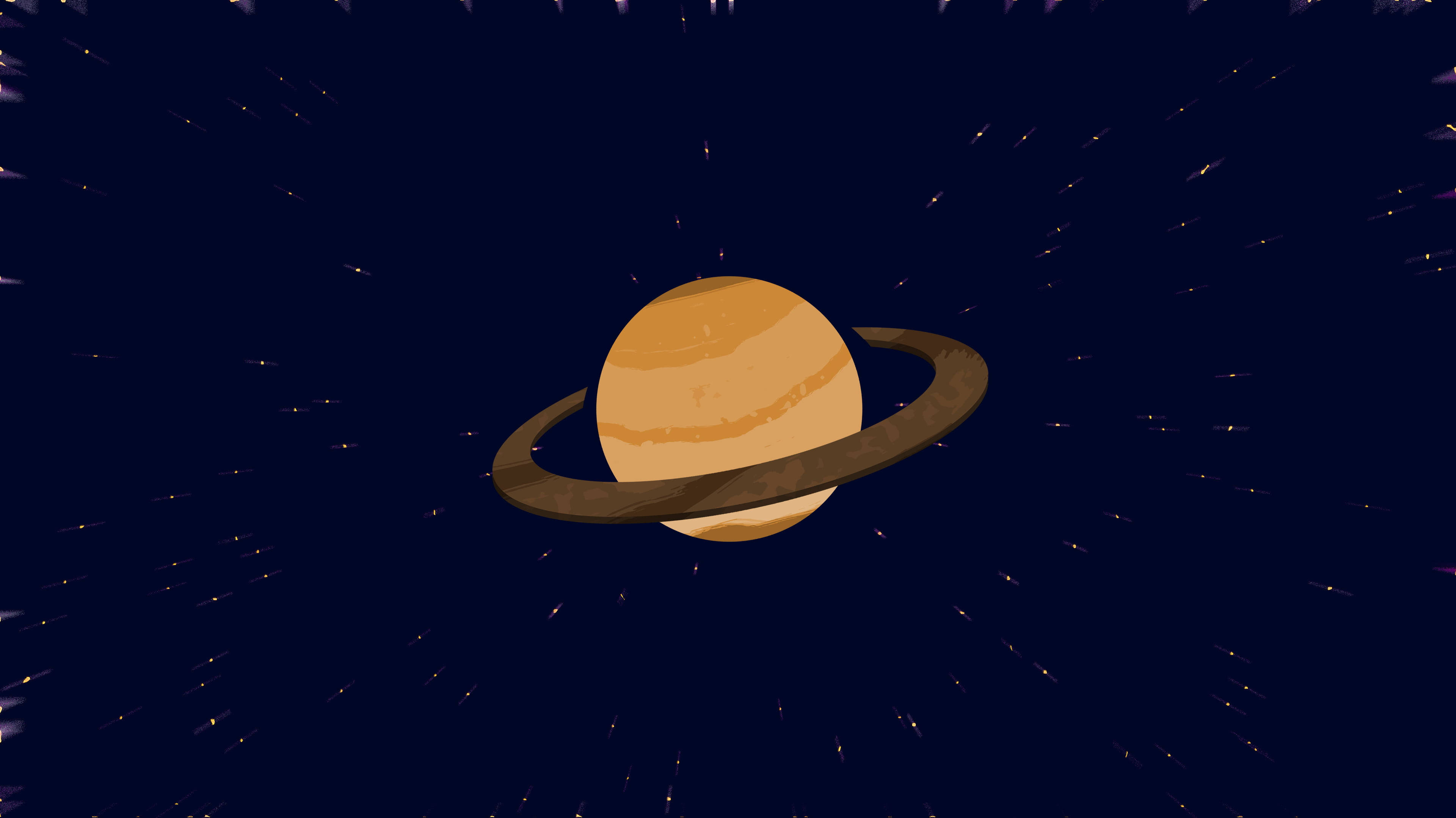 卡通土星 4K 壁紙 — 一個風格化的橙色行星，帶有寬闊的光環，在黑暗的星空背景下發光。