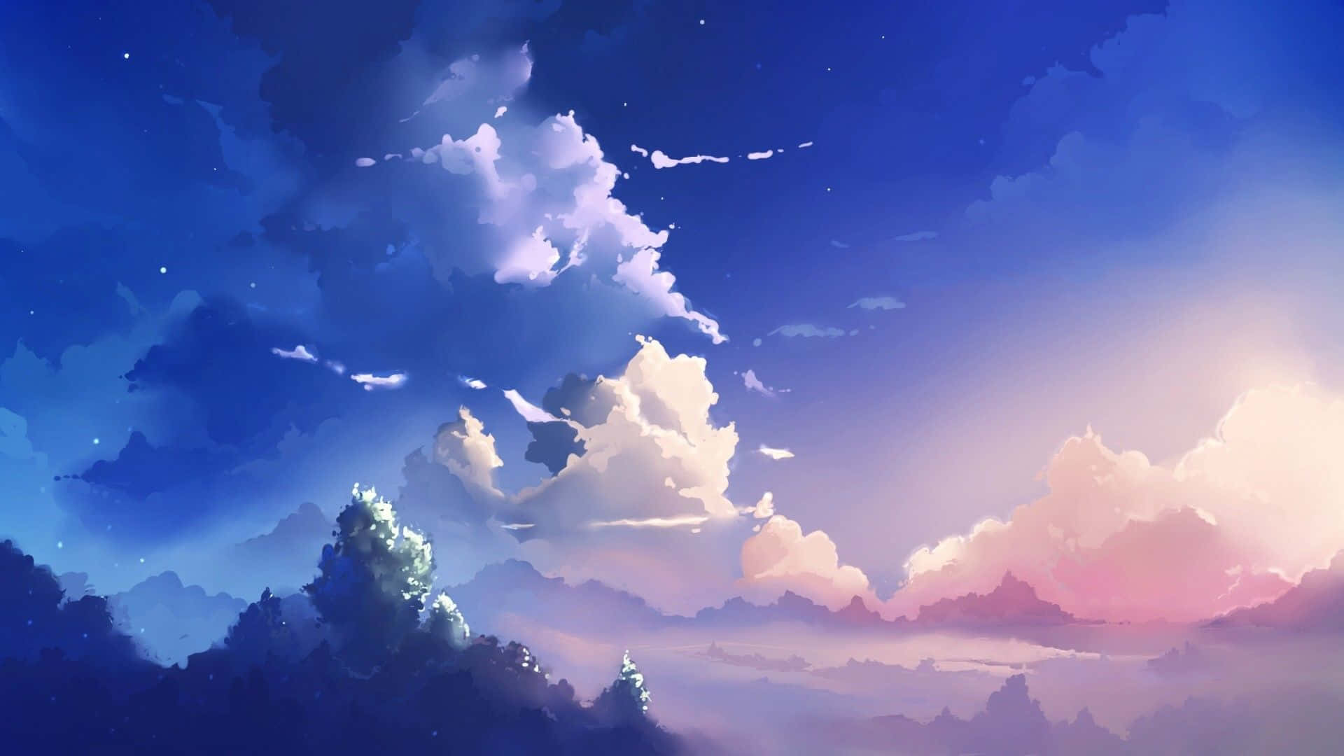 在您的美學電腦上享受鮮豔 4K 視覺 壁紙 — 寧靜的黃昏天空，以深藍色和柔和粉紅色繪製，有蓬鬆的雲朵和遠處的樹木剪影。