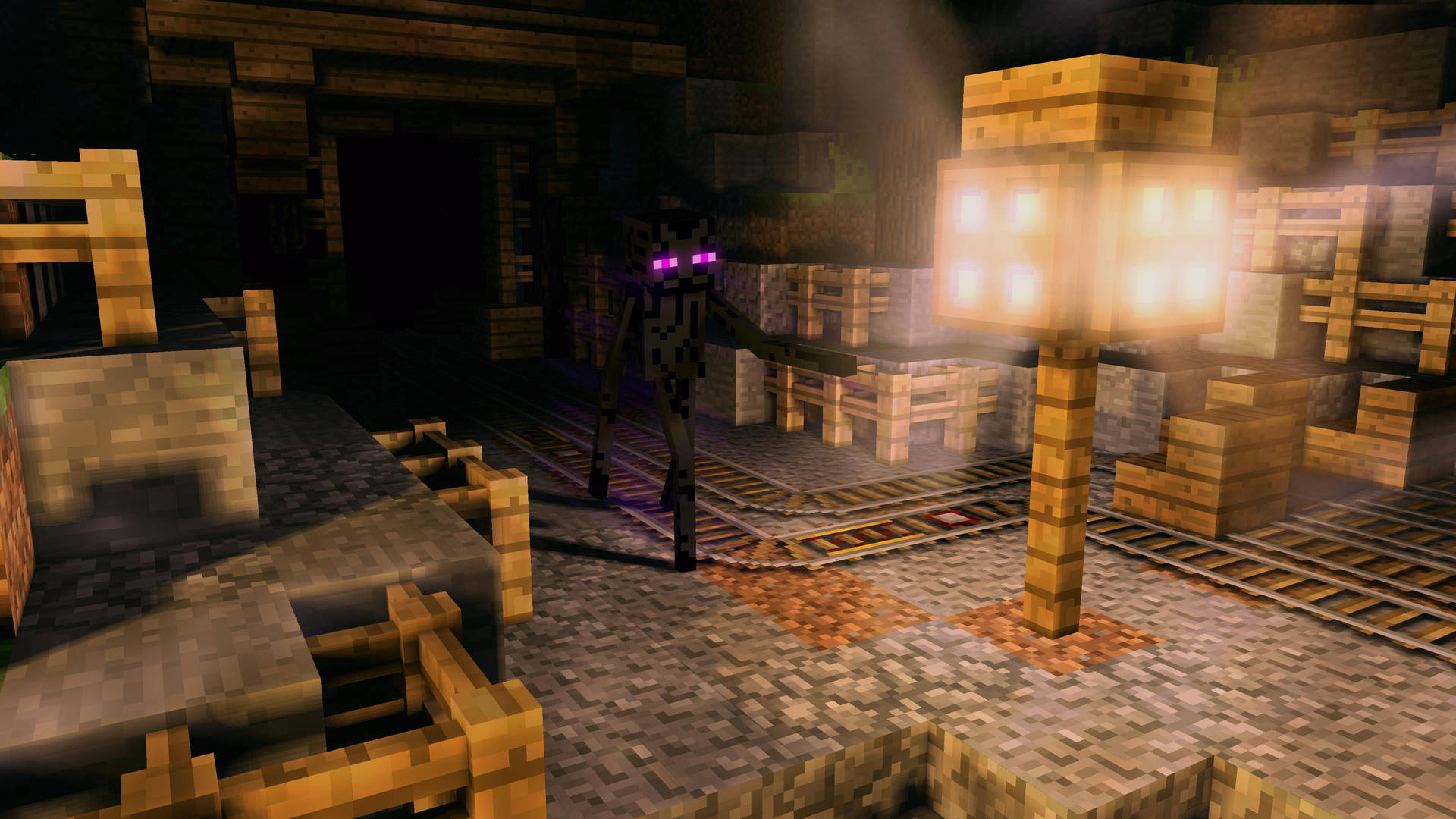 Minecraft 地下礦井中的爬行者與發光燈籠