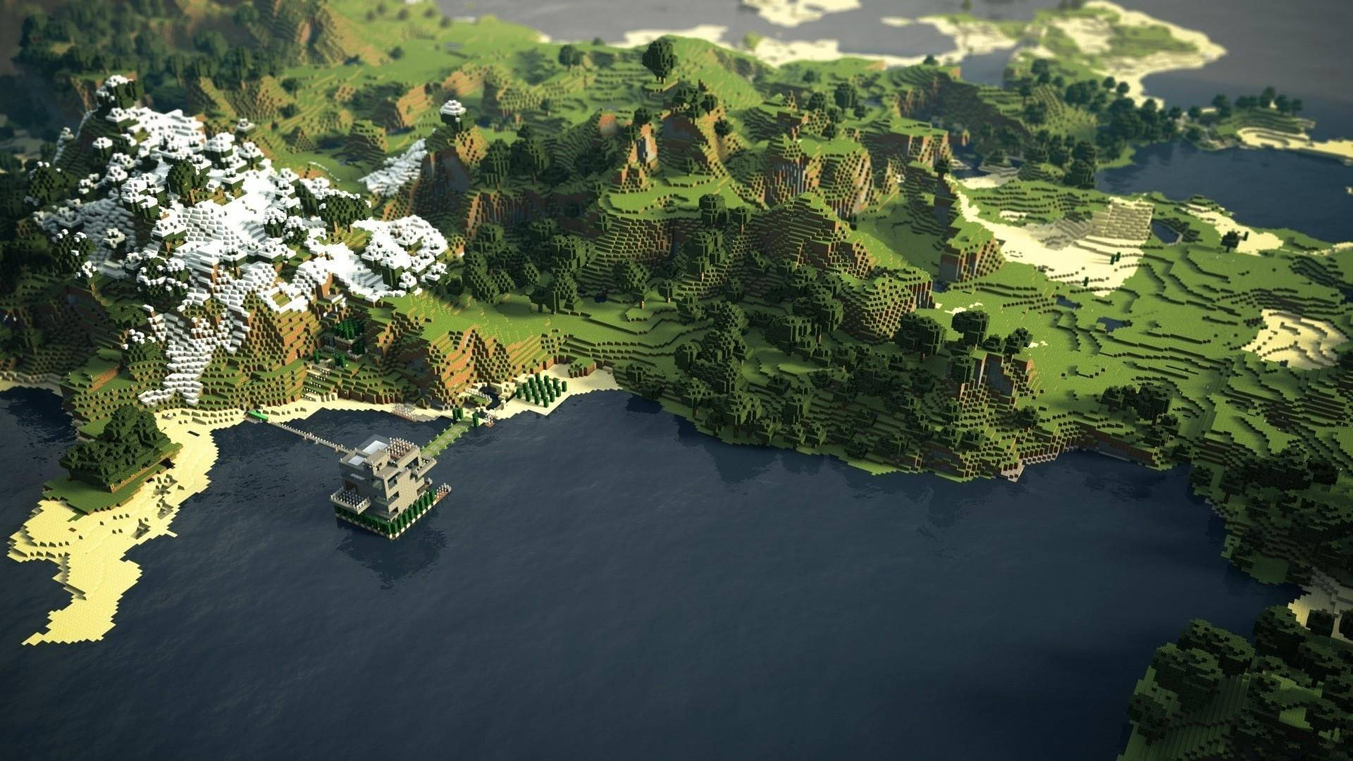 Minecraft島嶼，有城堡、雪山和綠色森林，被海洋環繞。