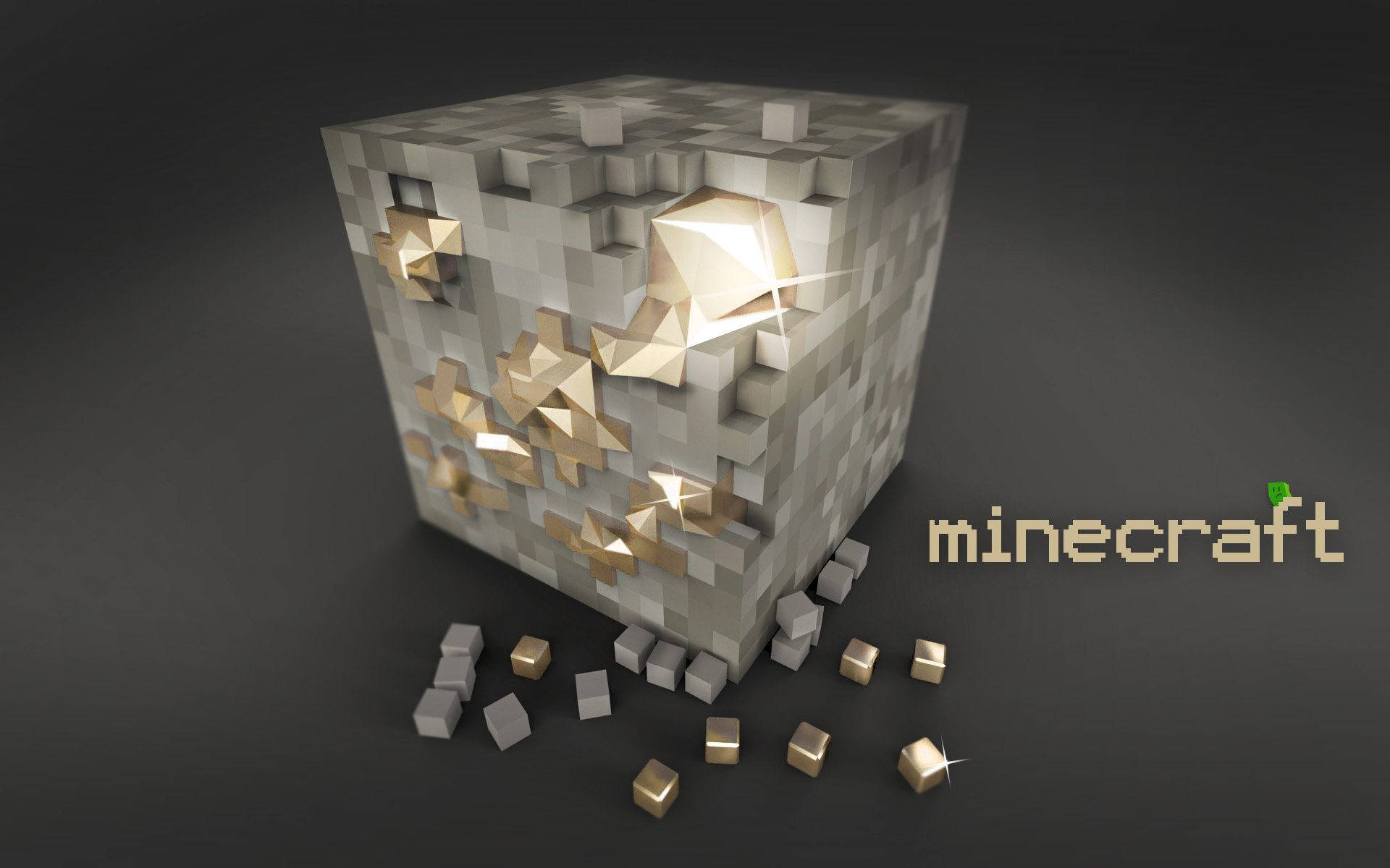 Minecraft石塊，金錠嵌入並散落在深色表面上。