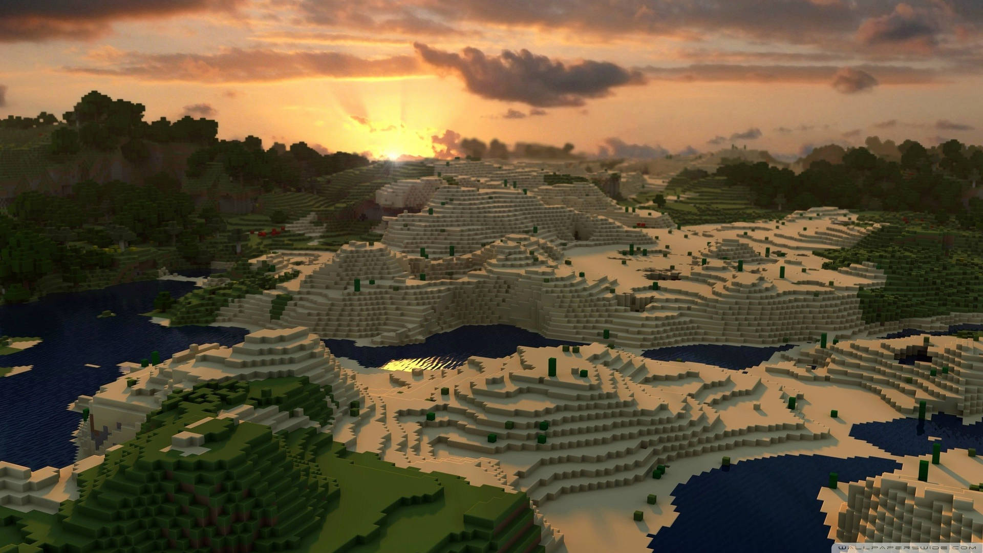 日落時分的塊狀Minecraft世界，有山脈、河流和森林。