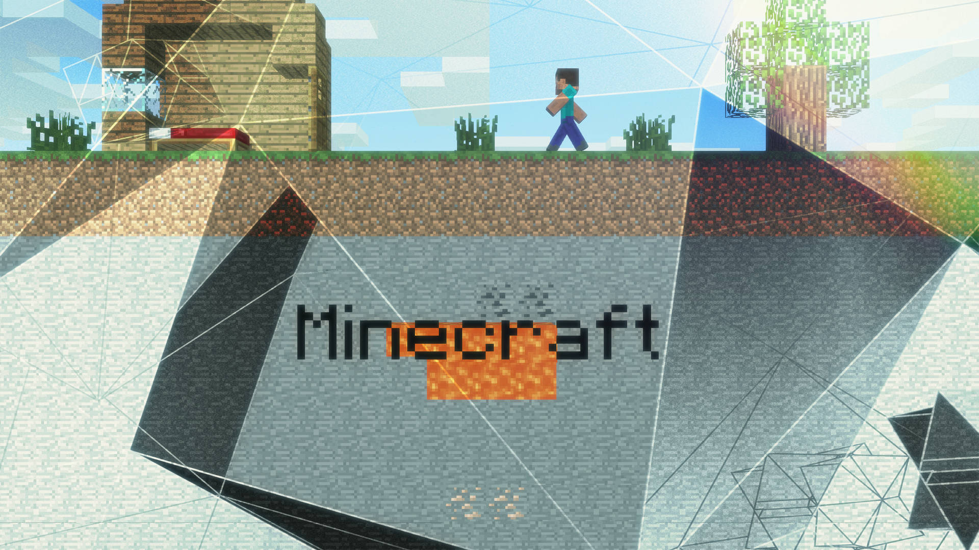 Minecraft玩家喺木屋同樹附近嘅草地上行。