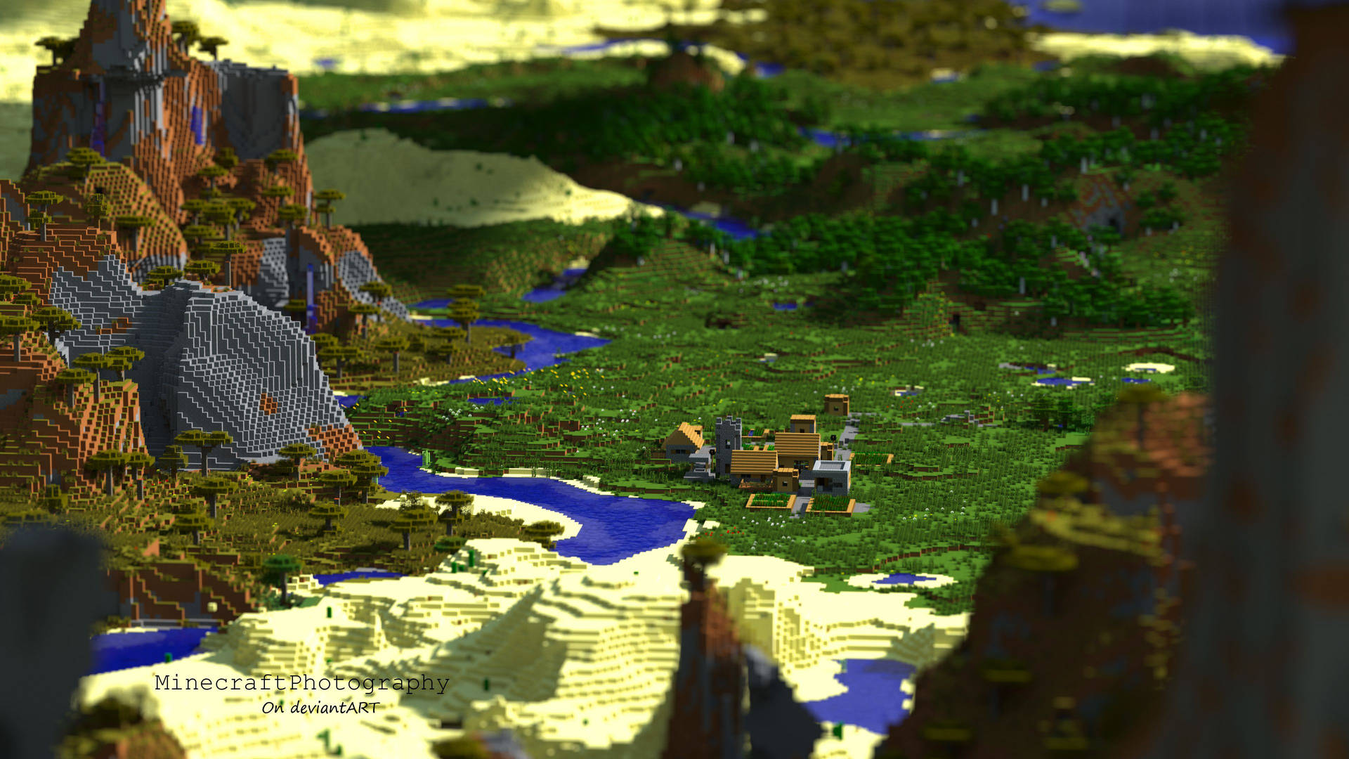 一個以方塊像素藝術風格呈現的Minecraft世界，包含山脈、河流和村莊。
