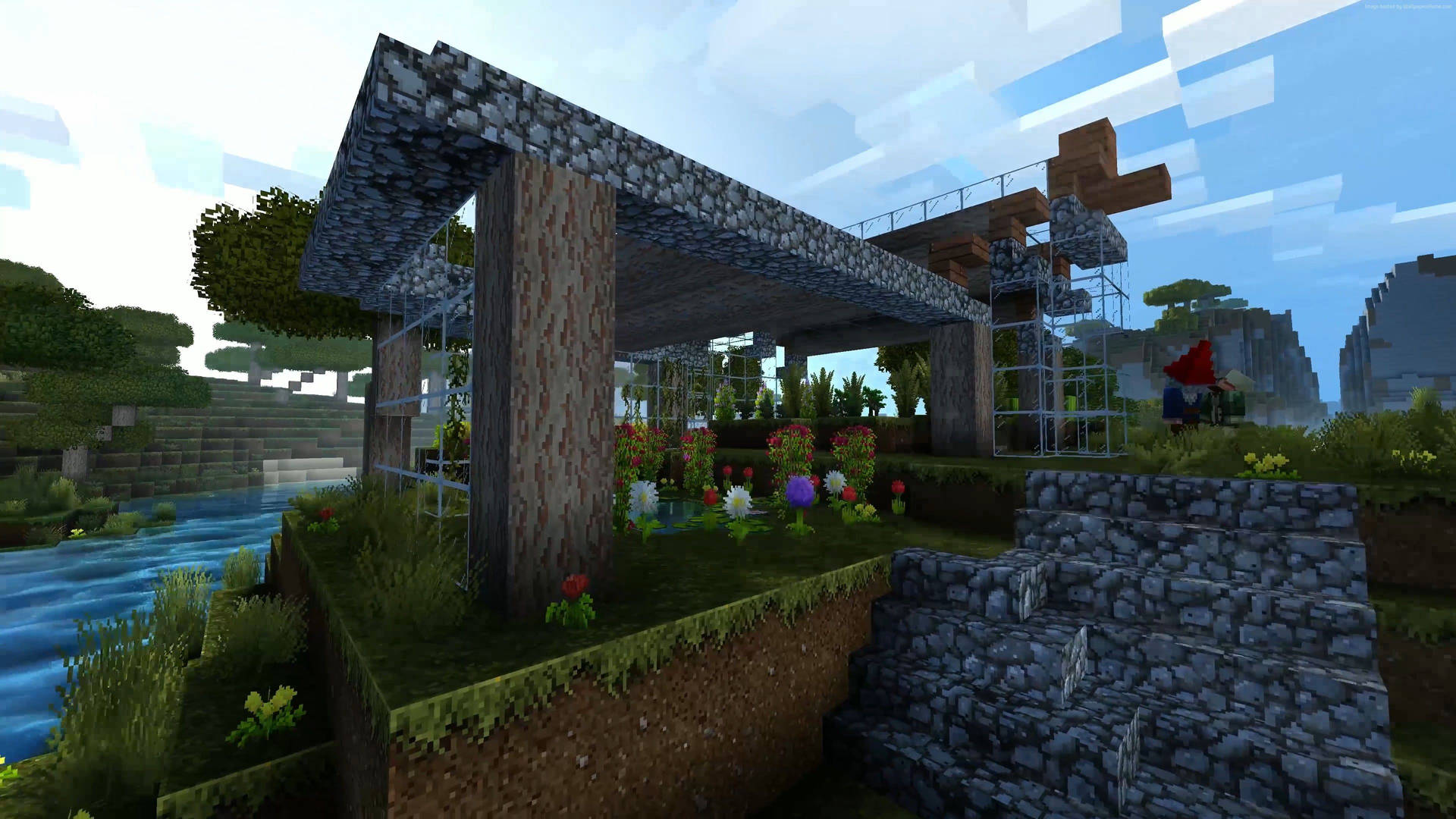 Minecraft房屋，石頭屋頂和木柱，河邊有色彩繽紛的花朵和樹木。