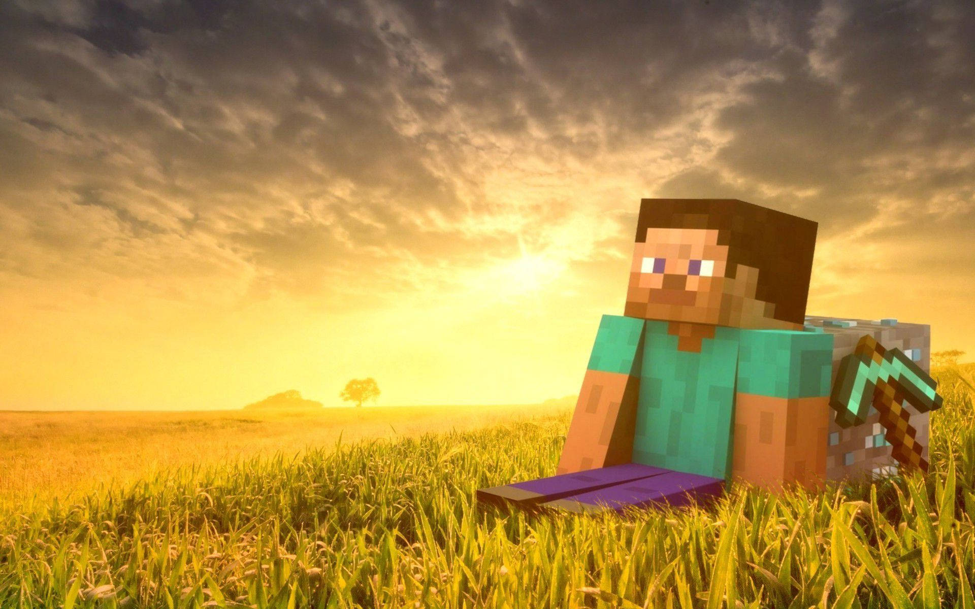 Minecraft角色坐在草地上，在夕陽下拿著鑽石劍。