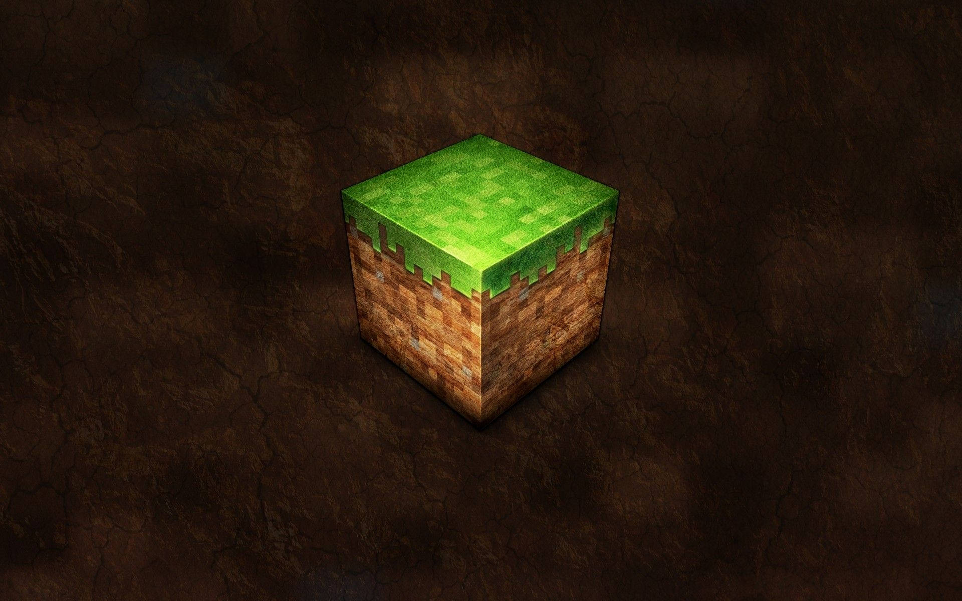 一個Minecraft草塊，帶有泥土側面，位於裂開的泥土背景上。