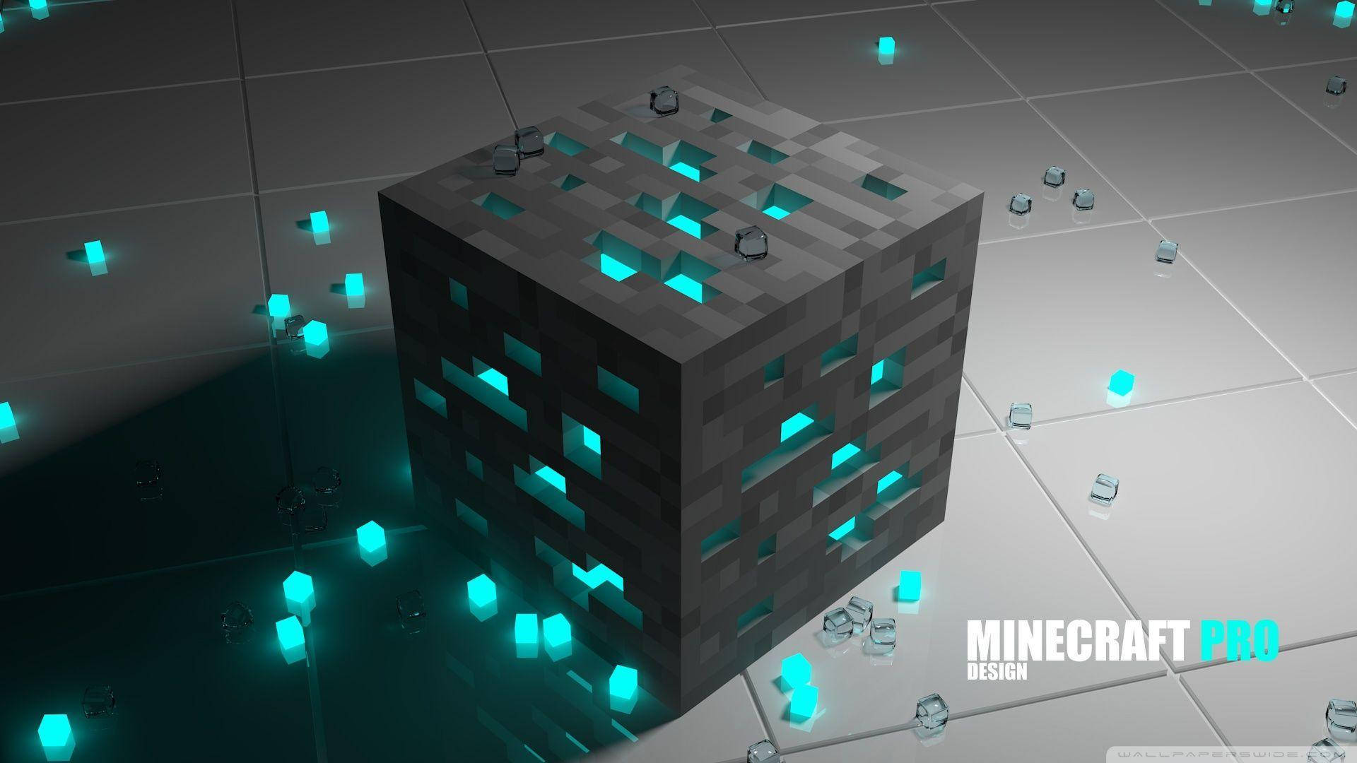 一個Minecraft黑曜石方塊，表面嵌有發光的青色方塊，在瓷磚地板上。