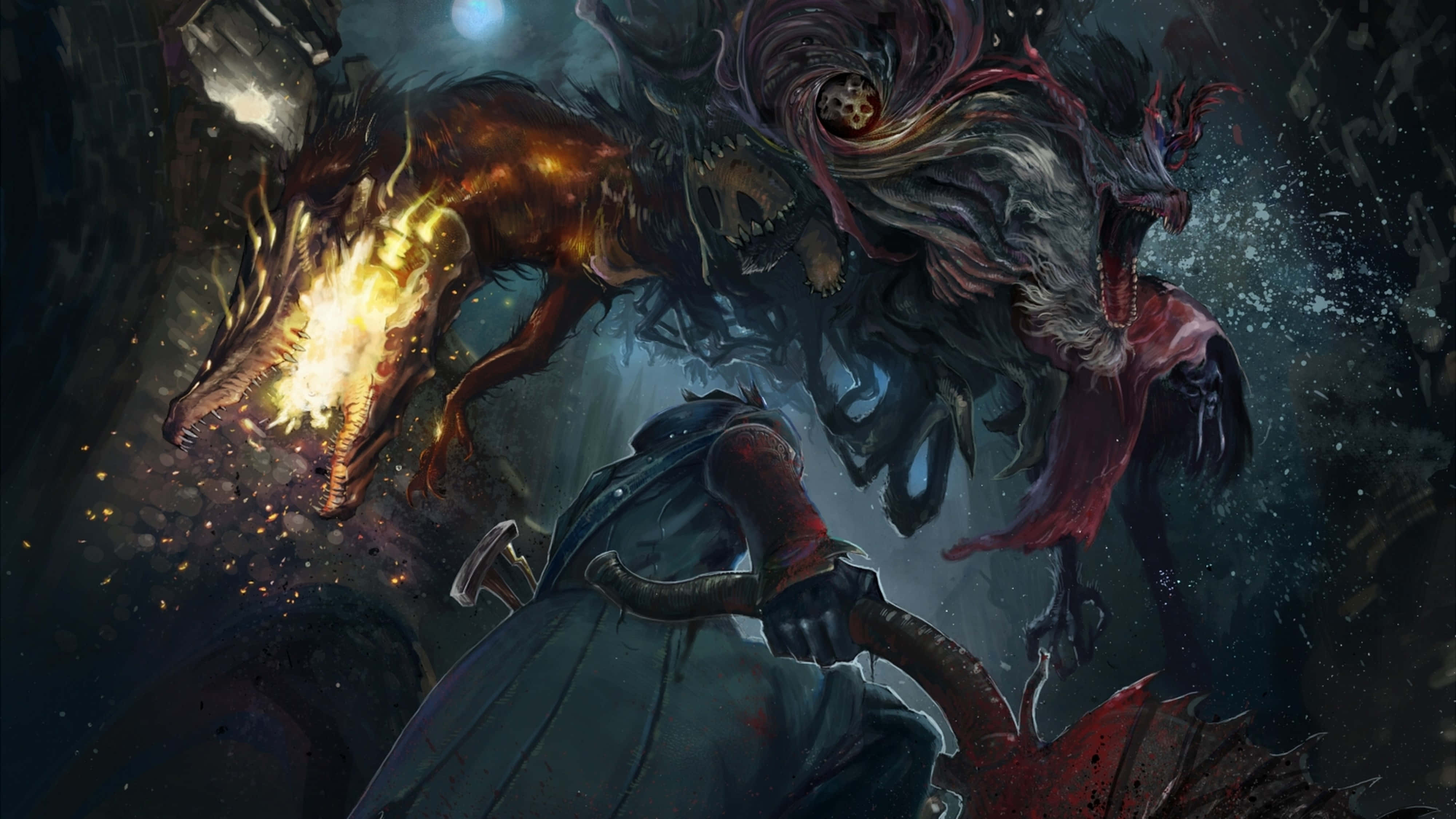 4K 超高清 Monster Dragons 壁紙 — 一位身穿暗色盔甲的孤獨戰士在骯髒的地牢中面對兩隻怪物：一隻火焰巨龍和一隻陰影惡魔。