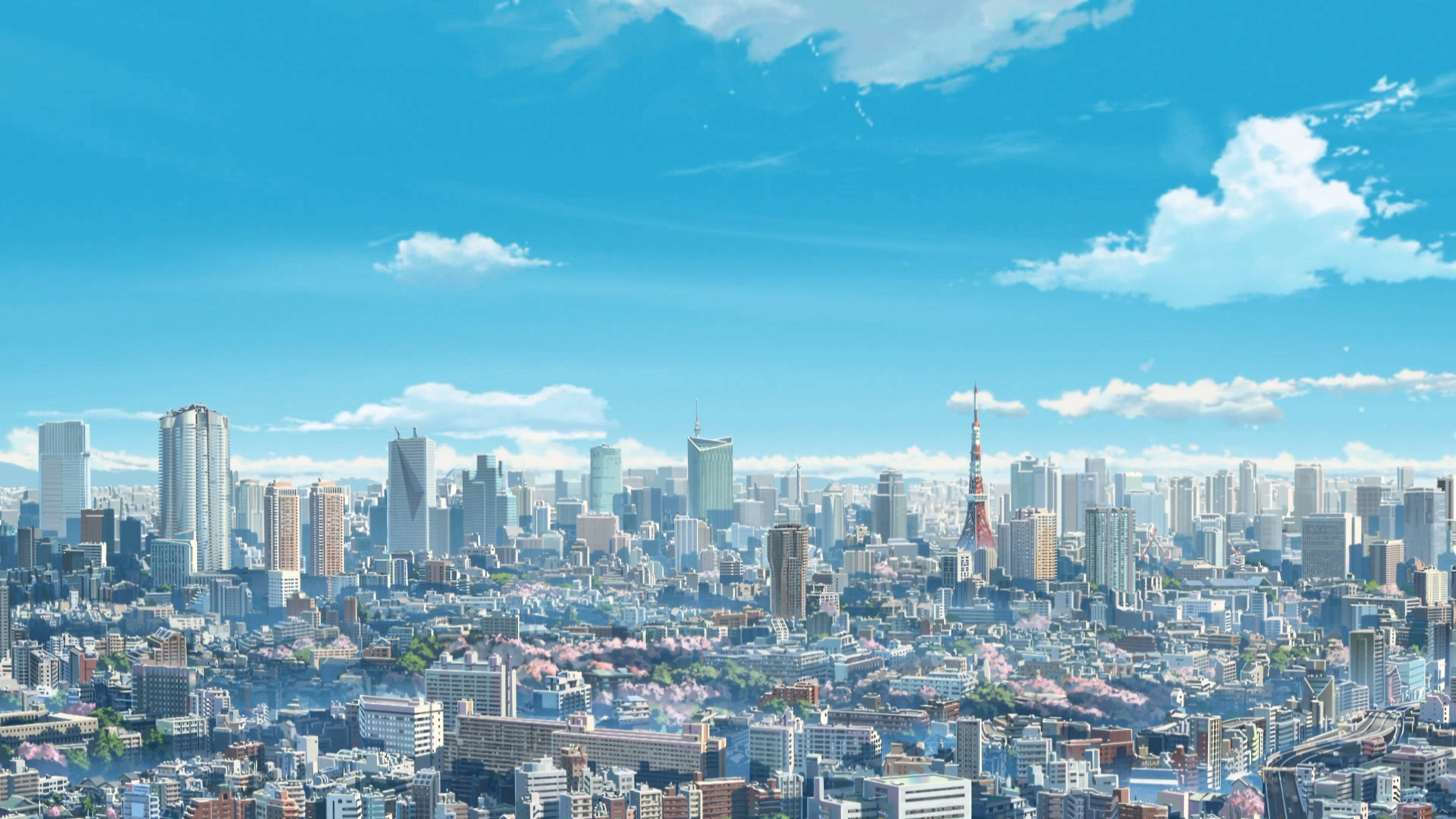 日間東京日本4K 壁紙 — 在明亮的藍天下，摩天大樓間盛開著櫻花和蓬鬆雲朵的充滿活力的動漫風格城市景觀。