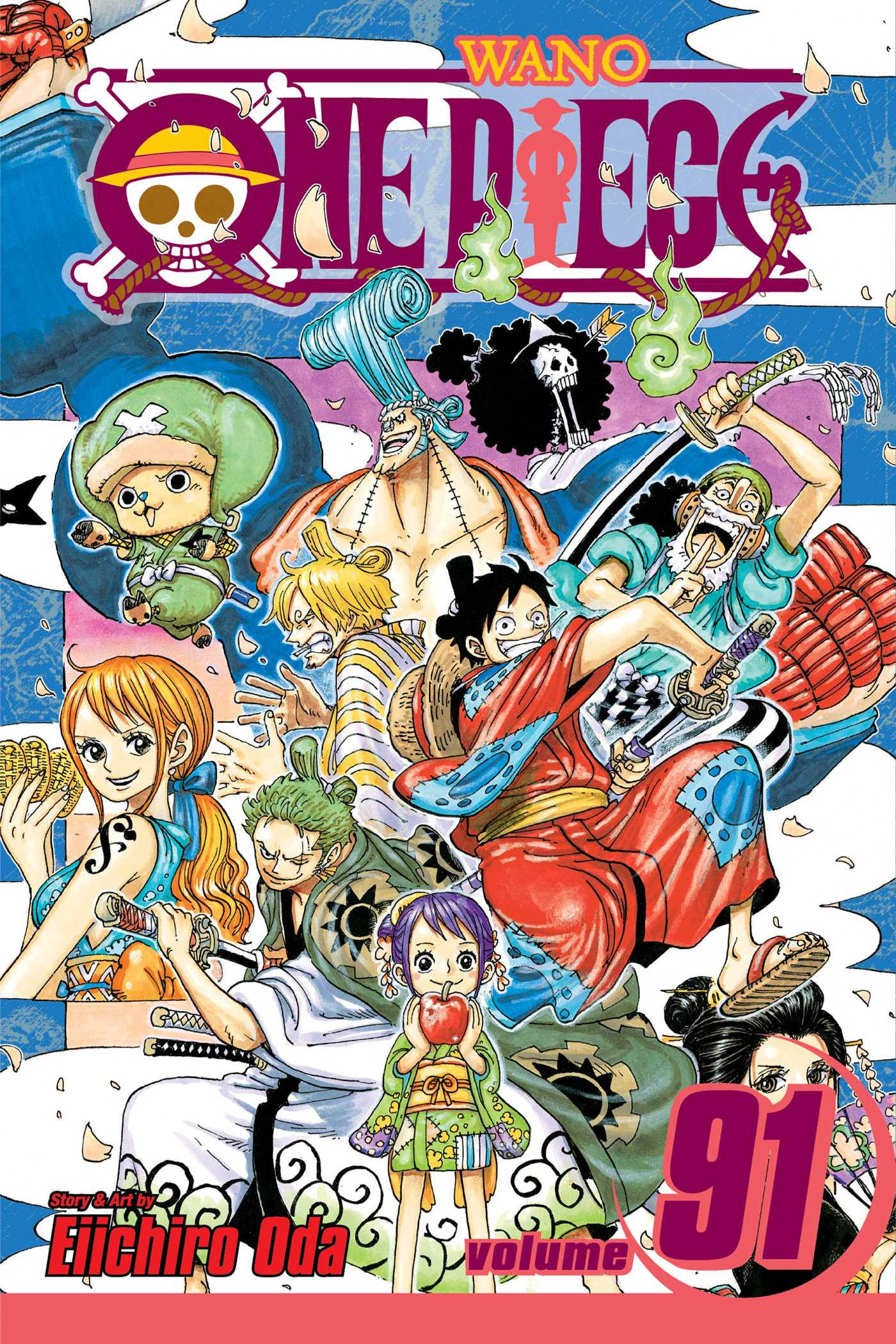 海賊王 4K 封面藝術 壁紙 — 《One Piece》第91卷充滿活力的漫畫封面，路飛和船員們在色彩繽紛的和之國背景下擺出動態的動作姿勢。