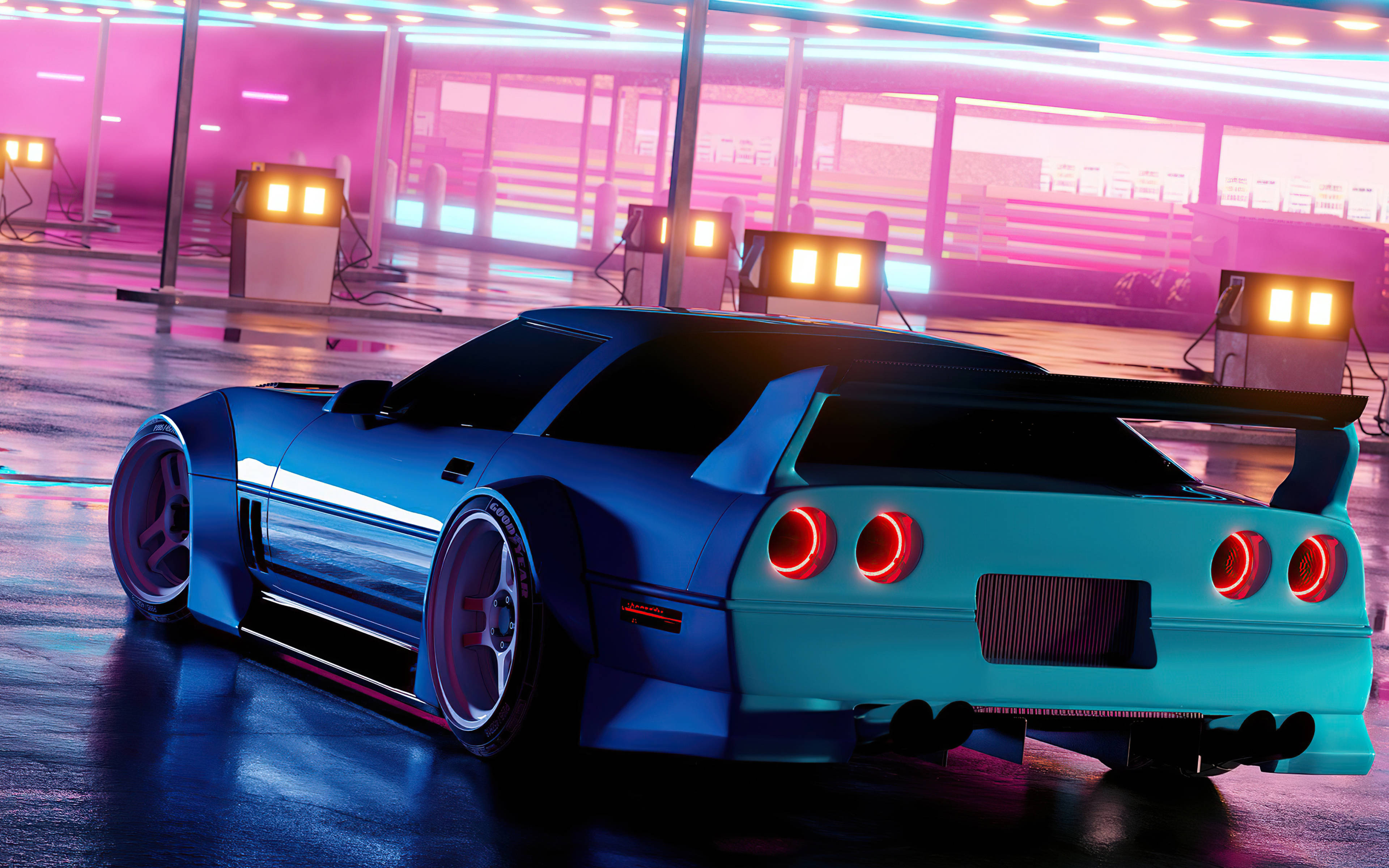 4K 美學汽車 Nissan Skyline GT-R 壁紙 — 一輛發光的藍色跑車帶有紅色尾燈，停在霓虹燈車庫中，濕漉漉的地板上反射著粉紅色和藍色的燈光。