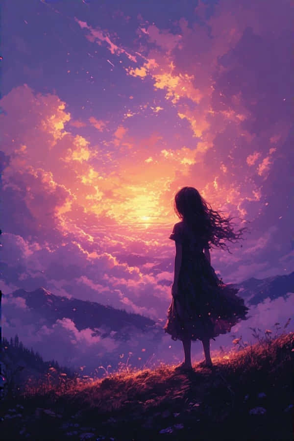 晨曦擁抱日出幻境 4K 壁紙 — 一個孤獨的女孩穿著飄逸的裙子，站在日落時分的草地上，在遠處山巒的映襯下，剪影映襯著充滿活力的紫色和橙色天空。