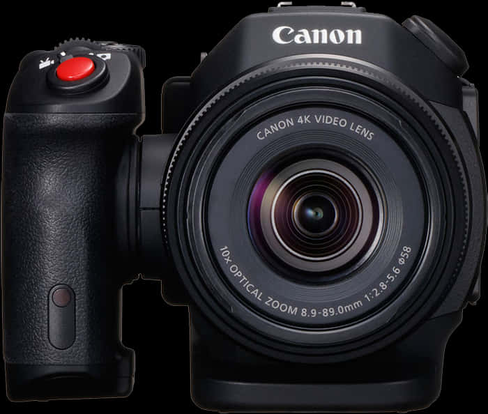 佳能4K攝影機 壁紙 — 一部時尚的黑色 Canon 4K 攝錄機，帶有紅色錄製按鈕和 10 倍光學變焦鏡頭，背景為深色。