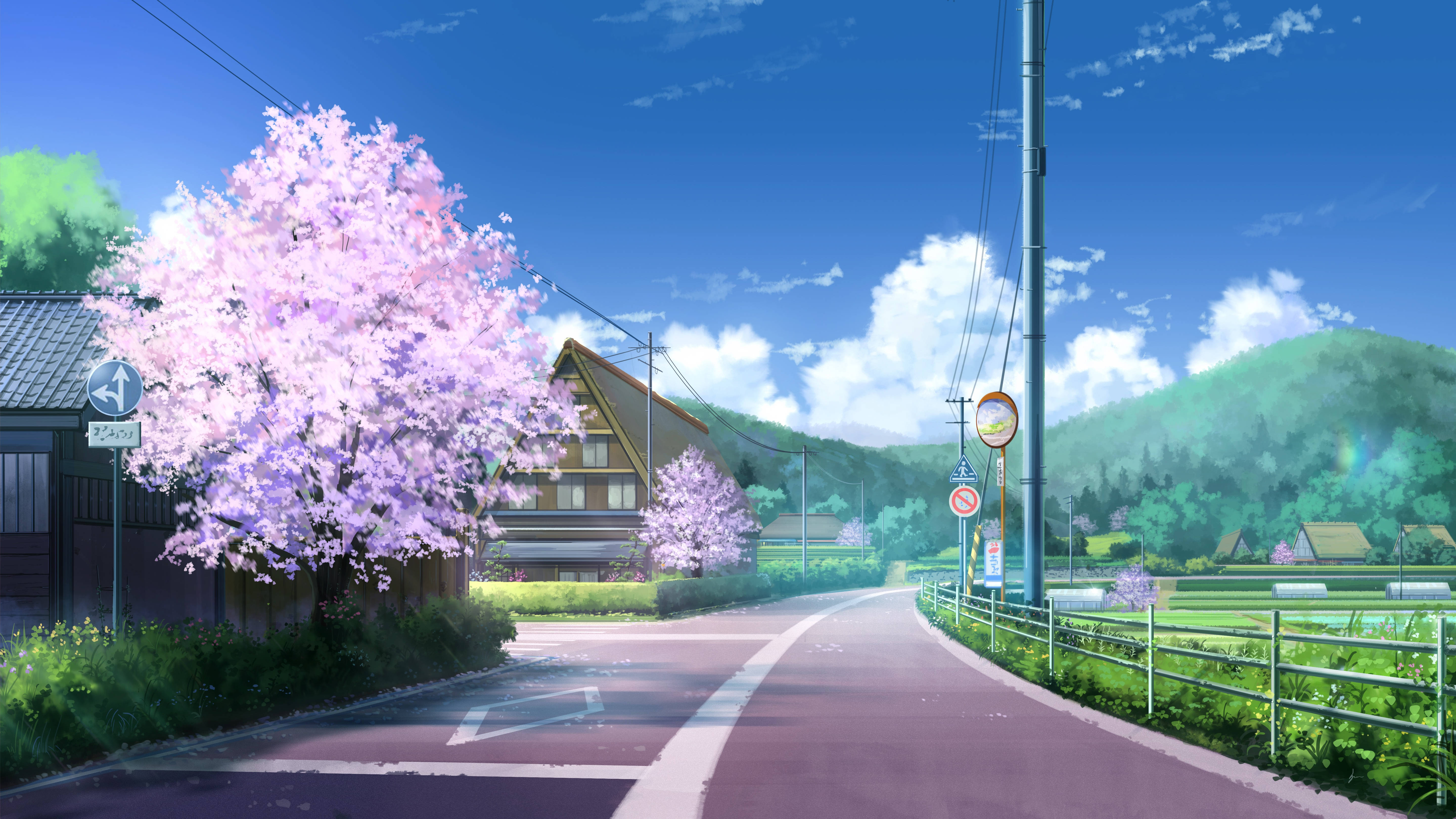鄉村風景動漫 4K 壁紙 — 一條寧靜的動漫風格道路蜿蜒經過櫻花樹和傳統房屋，上方是晴朗的藍天和蓬鬆的白雲。