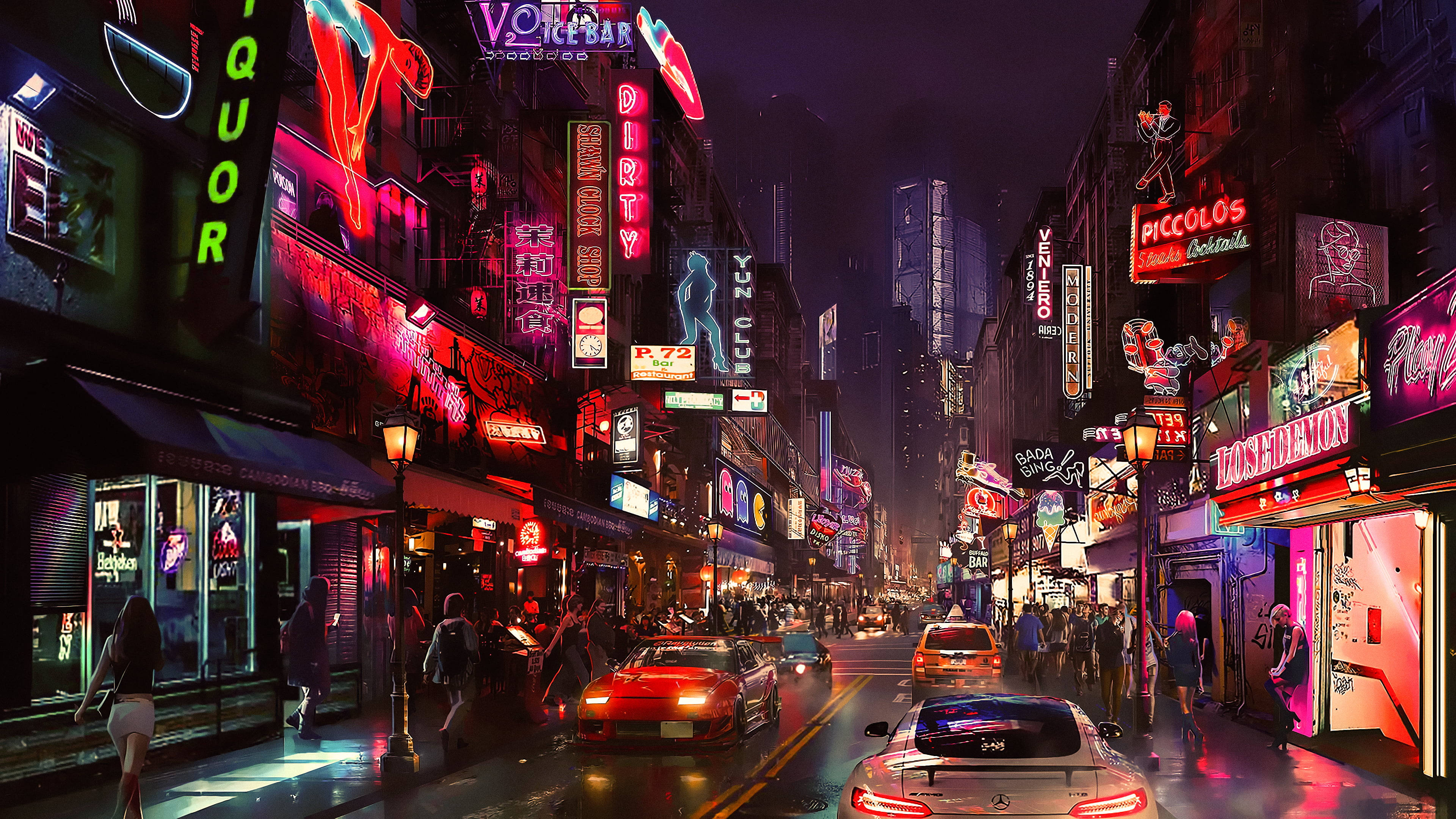 夜間街景 4K PC 壁紙 — 雨濕的霓虹燈城市街道夜景，發光的招牌和汽車在濕漉漉的路面上反射出鮮豔色彩。