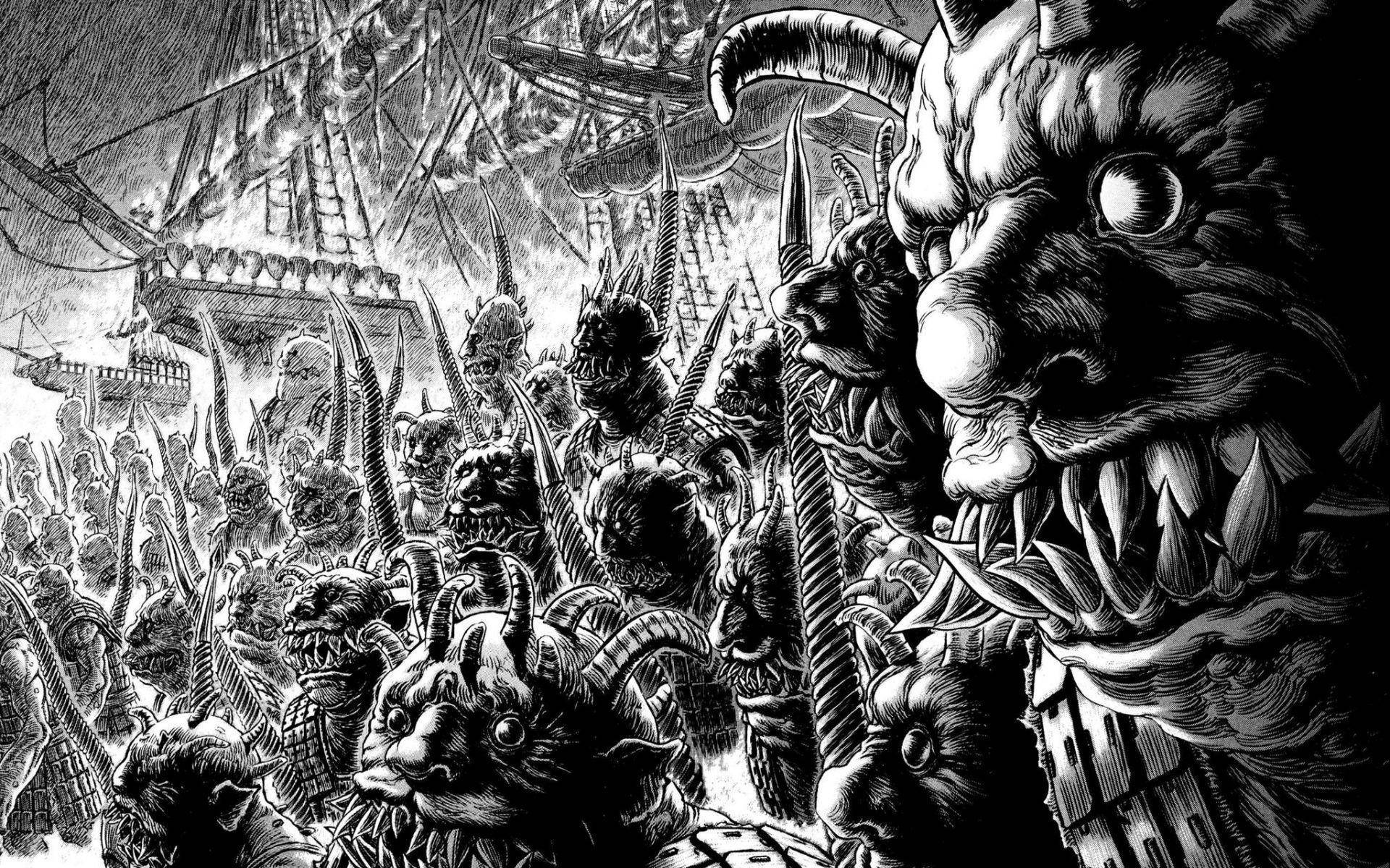 探索4K漫畫的世界 壁紙 — 一幅混亂的黑白插圖，描繪一群長有角和尖牙的怪物大軍在暴風雨的天空下前進。
