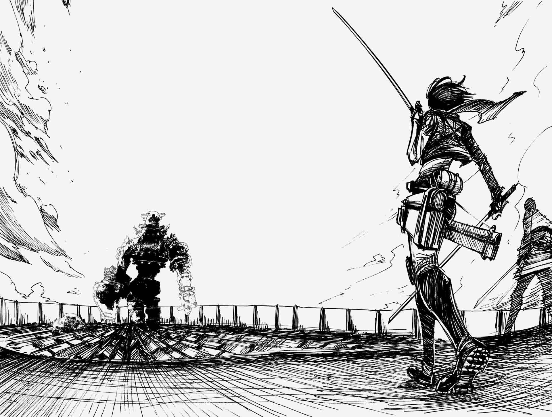 4K 漫畫《進擊的巨人》 壁紙 — 一個身穿盔甲的孤獨戰士，拔劍面對木製平台上一個高聳的怪物巨人。