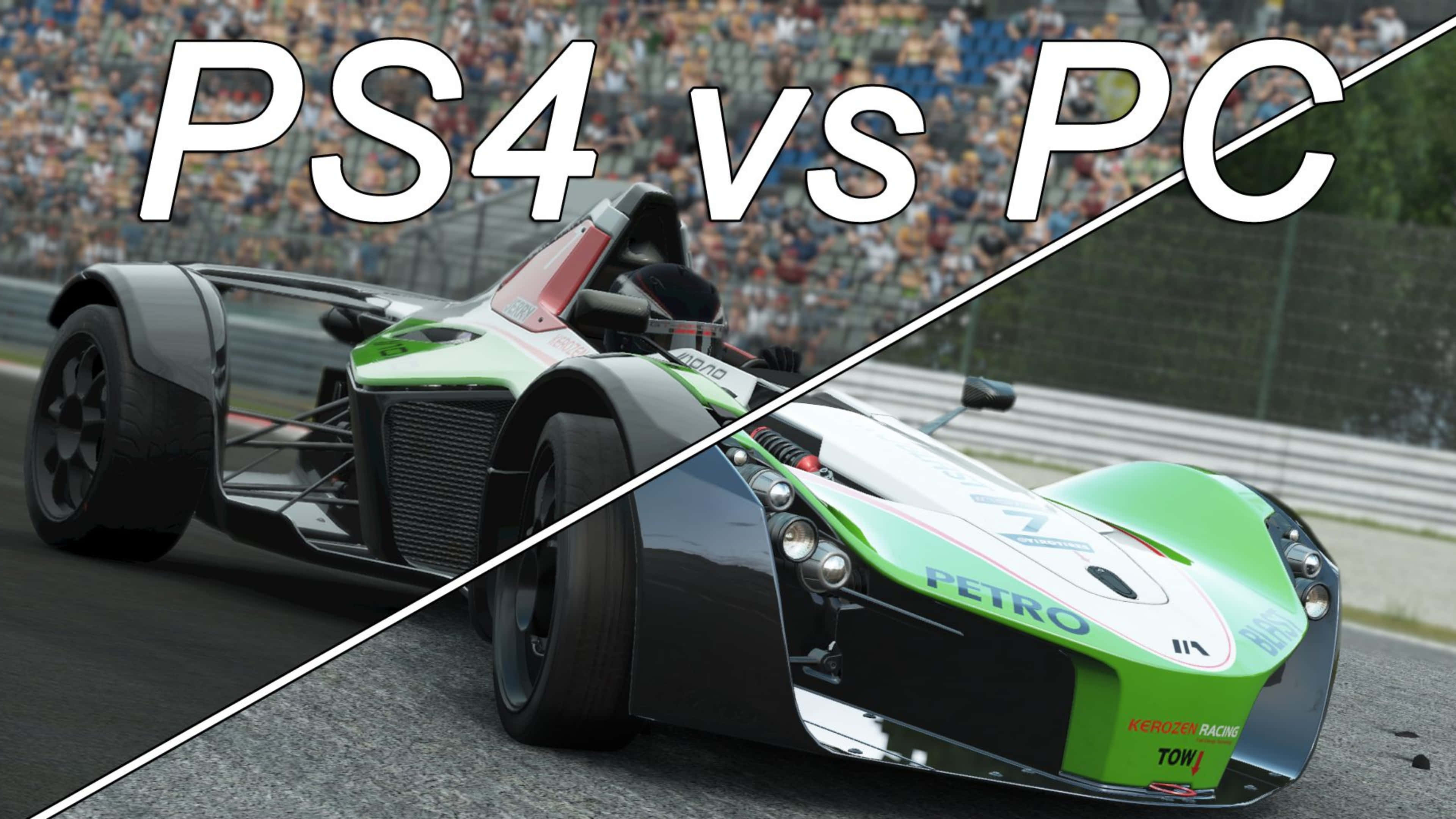 4K Project Cars PS4 與 PC 畫質對比背景 壁紙 — 一輛綠色和黑色的賽車對角線分割，帶有'PS4 vs PC'文字，在背景有觀眾的賽道上比賽。