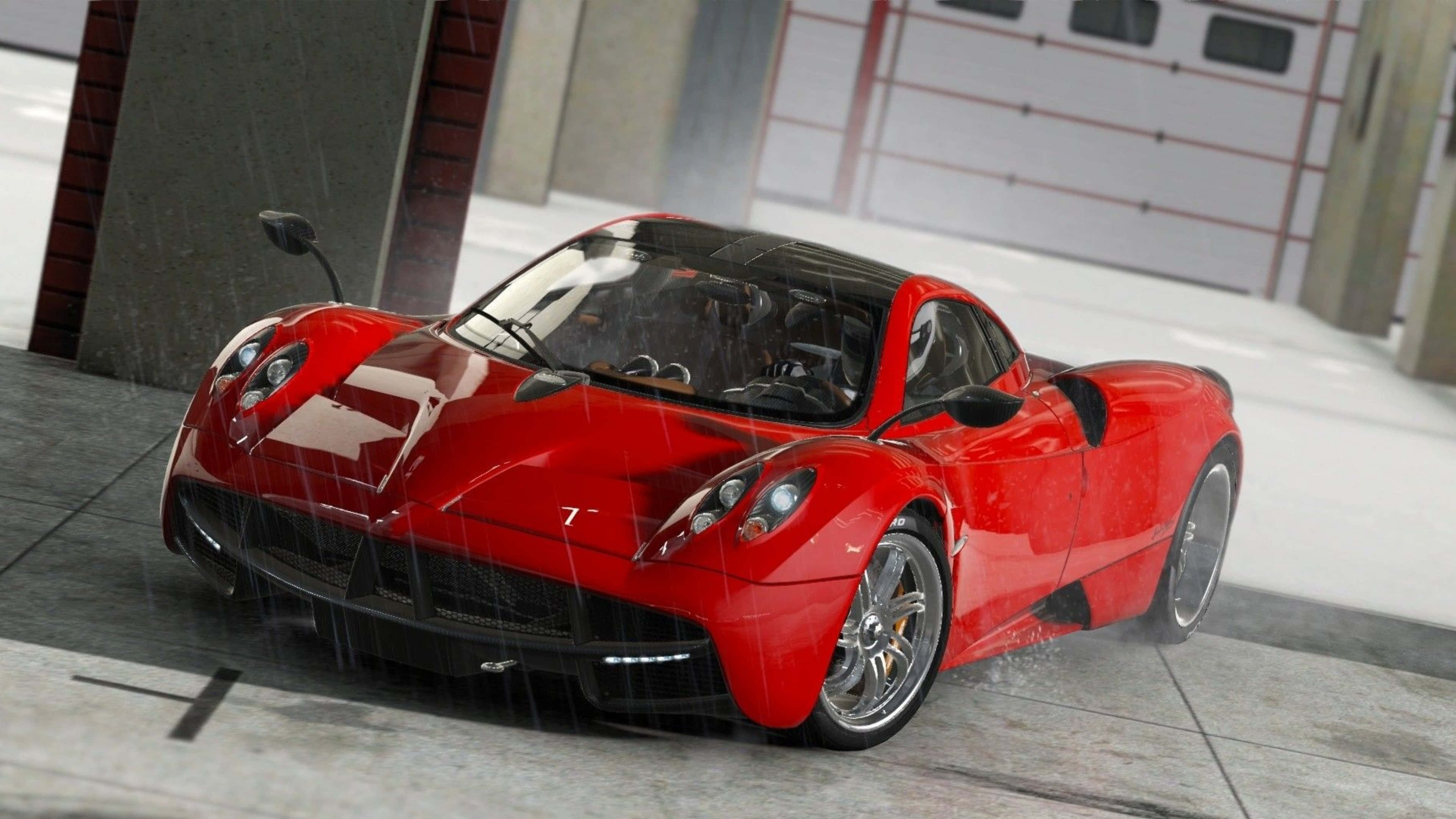 4K Project Cars 紅色帕加尼 Huayra 背景 壁紙 — 一輛亮紅色的法拉利LaFerrari停在潮濕的車庫中，雨水順著車身流下，反射出工業環境。