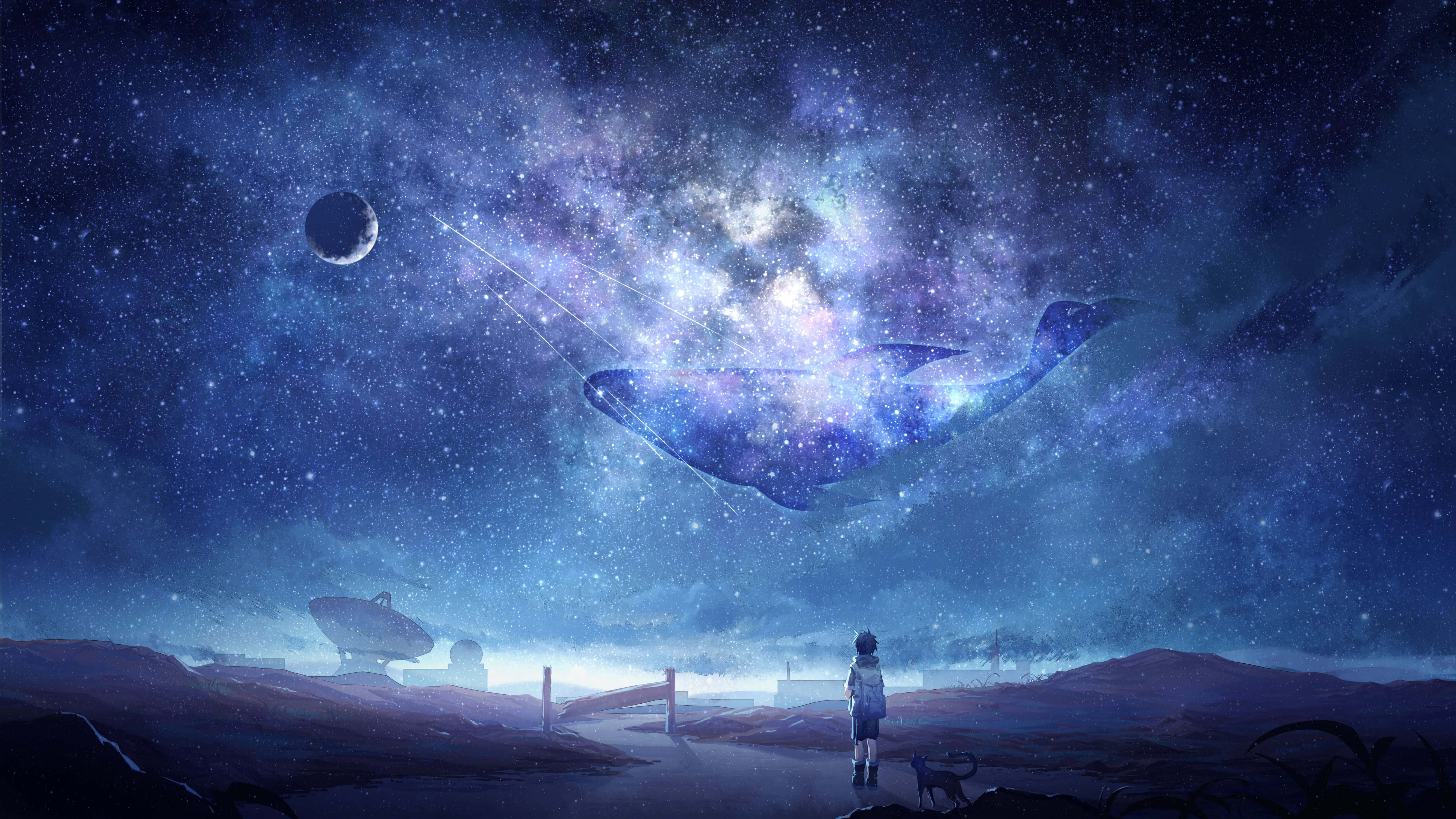 探索 4K 解析度下的動畫宇宙 壁紙 — 一個孤獨的身影站在荒涼的景觀中，仰望一隻在星雲中游弋的宇宙鯨魚，下方是一彎新月。