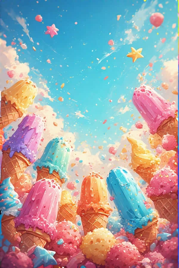 色彩繽紛的冰淇淋夏日歡樂 4K 壁紙 — 充滿活力的雪糕筒在明亮的藍天下向上爆炸，灑下粉紅色、黃色和藍色的星形糖粒。