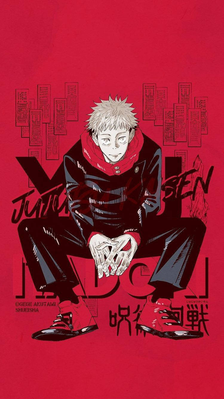 咒術迴戰 4K 單色紅海報 壁紙 — 一個頭髮豎起的動漫男孩，戴著紅色圍巾，盤腿坐在一個大膽的紅色背景前，背景上有日文字和風格化字體。