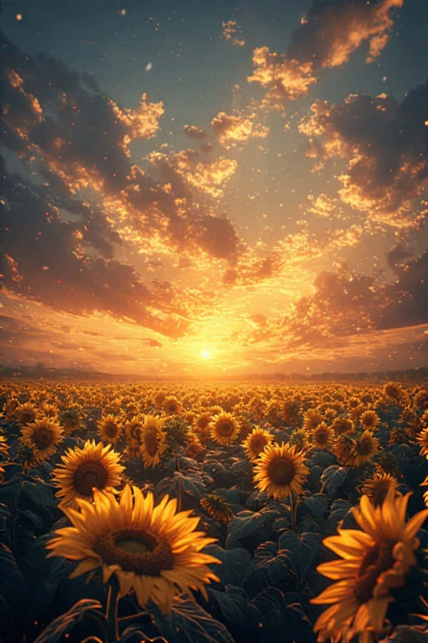 夏日向日葵田夕照夢幻4K 壁紙 — 金色的夕陽以溫暖的光線沐浴著廣闊的向日葵田，雲朵在上方發出橙色和粉紅色的光芒。