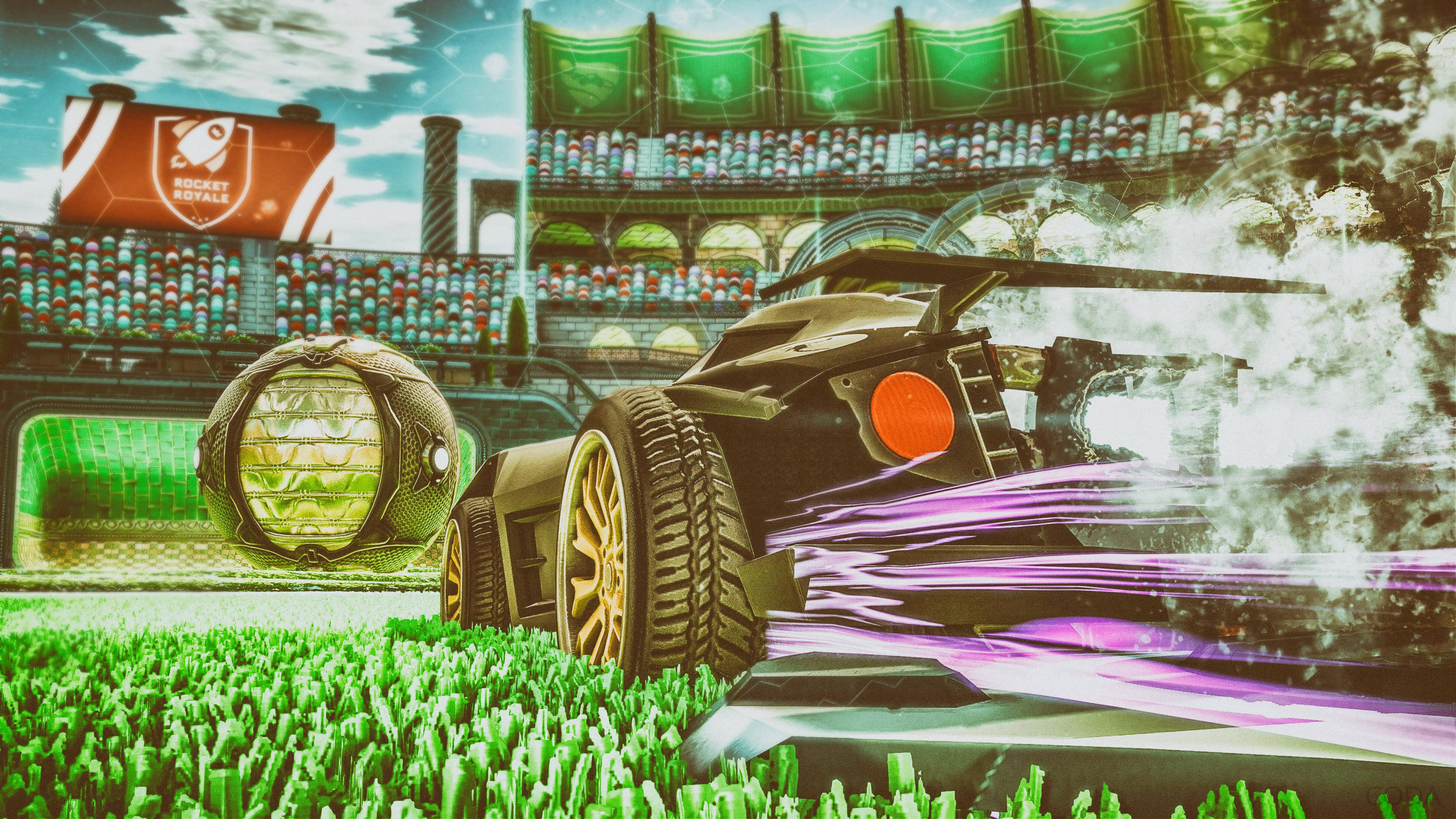 4K Rocket League 綠色 壁紙 — 一輛未來感的黑色賽車，帶有發光的紫色軌跡，在晴朗的天空下，在擠滿觀眾的體育館中，飛馳在充滿活力的綠色草地上。