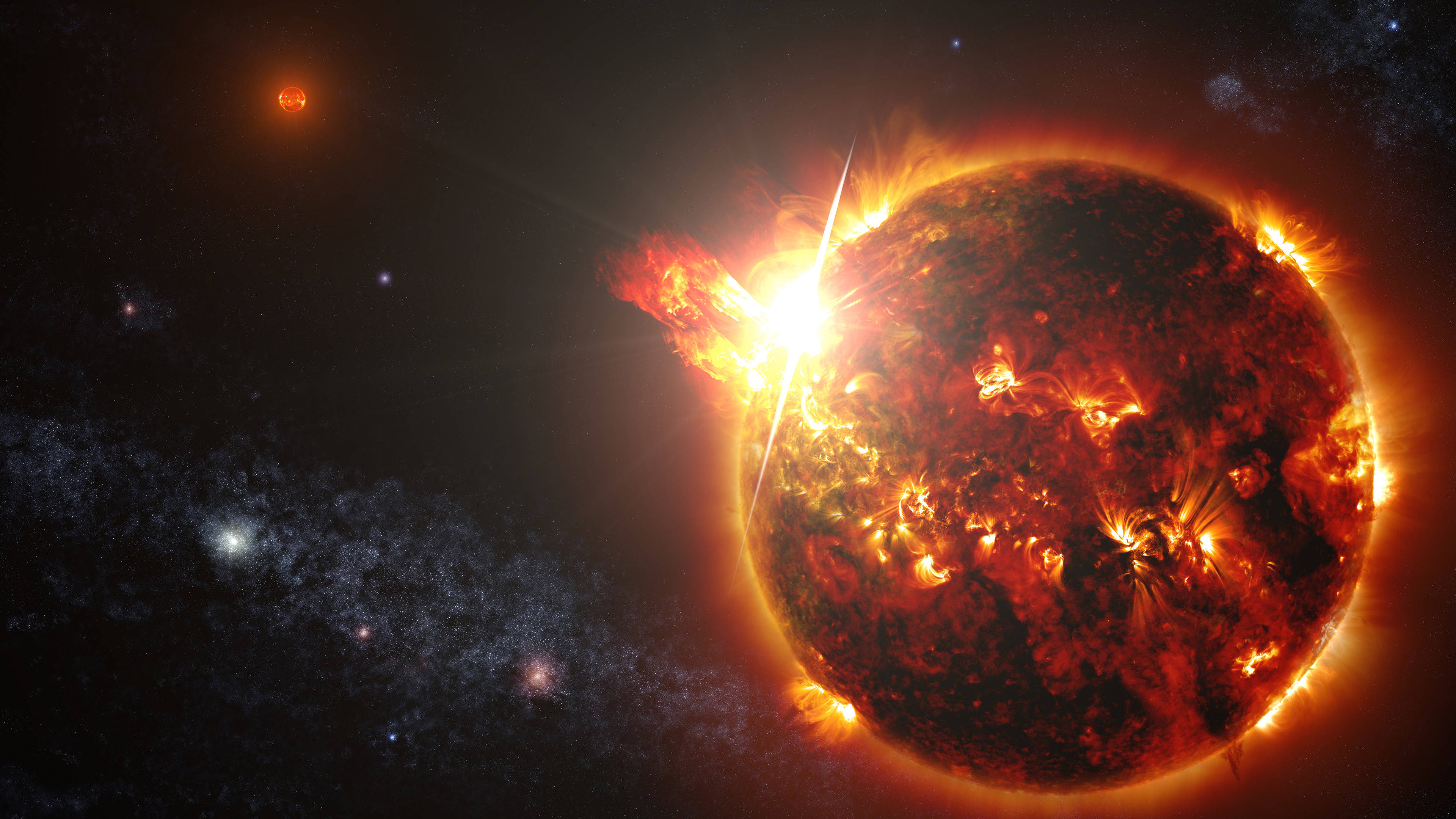 4K 超高清熾熱太陽 壁紙 — 一顆熾熱的太陽在佈滿星星的宇宙背景下噴發太陽耀斑，背景有遙遠的星雲和行星。