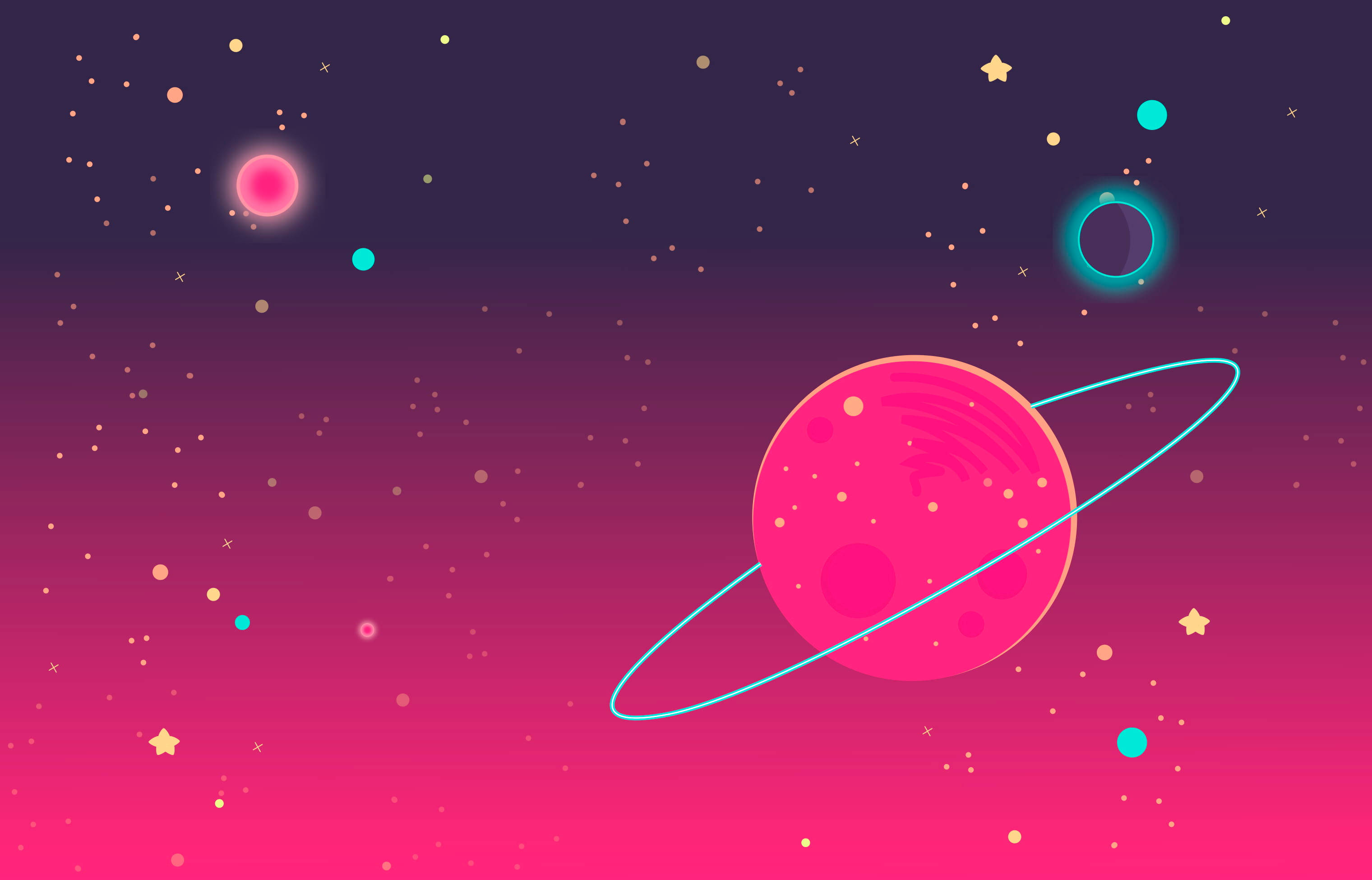 可愛土星 4K 壁紙 — 一顆帶有發光環的鮮豔粉紅色行星，在漸變宇宙背景中，於星星和多彩天體之間運行。