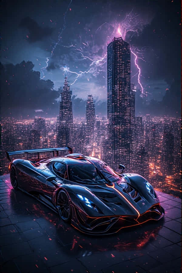 霓虹都市天台上的超跑 4K 壁紙 — 一架時尚的黑色超級跑車帶有發光的橙色點綴，停在屋頂上，俯瞰著紫色閃電劃破暴風雨天空下的霓虹城市景觀。