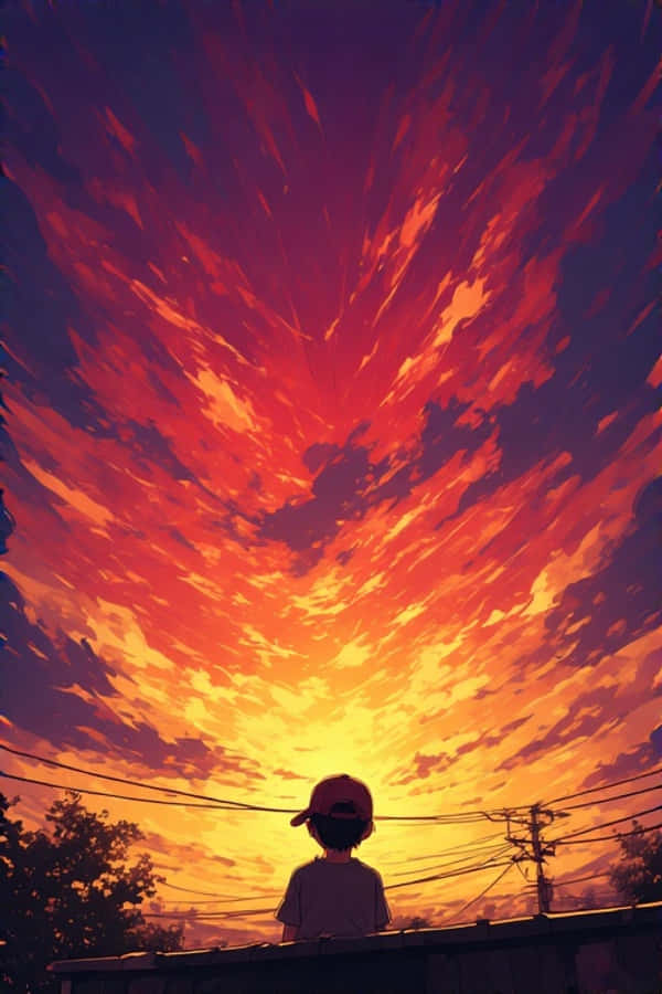 屋頂夢幻日落色彩 4K 壁紙 — 一個戴著帽子的孩子站在屋頂上，仰望被火橙色、紅色和深紫色雲彩描繪的戲劇性天空。