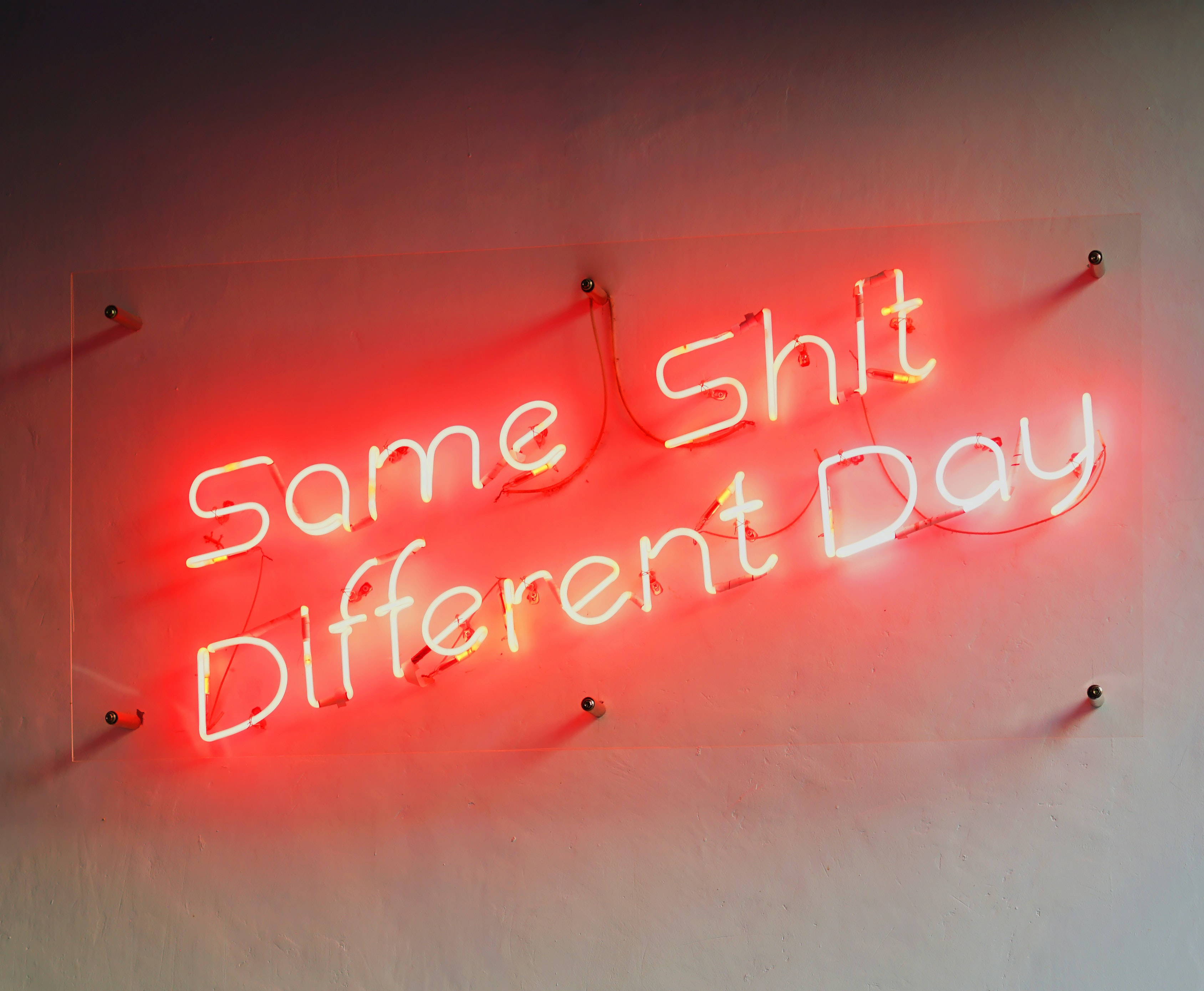 4K霓虹 Same Shit 壁紙 — 一個發光的紅色霓虹燈牌，上面寫著「Same Shit Different Day」，安裝在素色牆上。