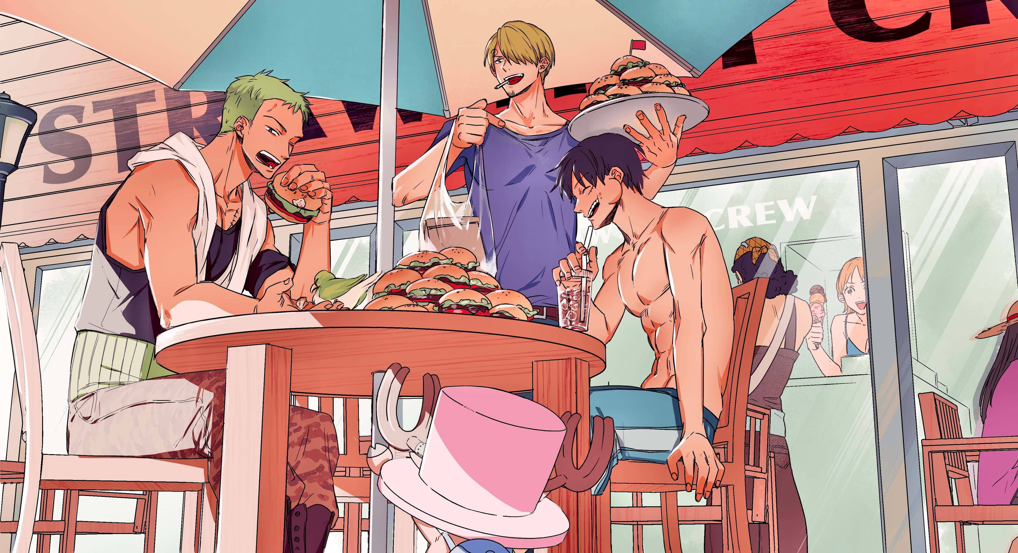 準備體驗最頂級的 4K Sanji 壁紙 — 三個肌肉發達的動漫男人在陽光明媚的戶外咖啡桌旁愉快地享用漢堡。