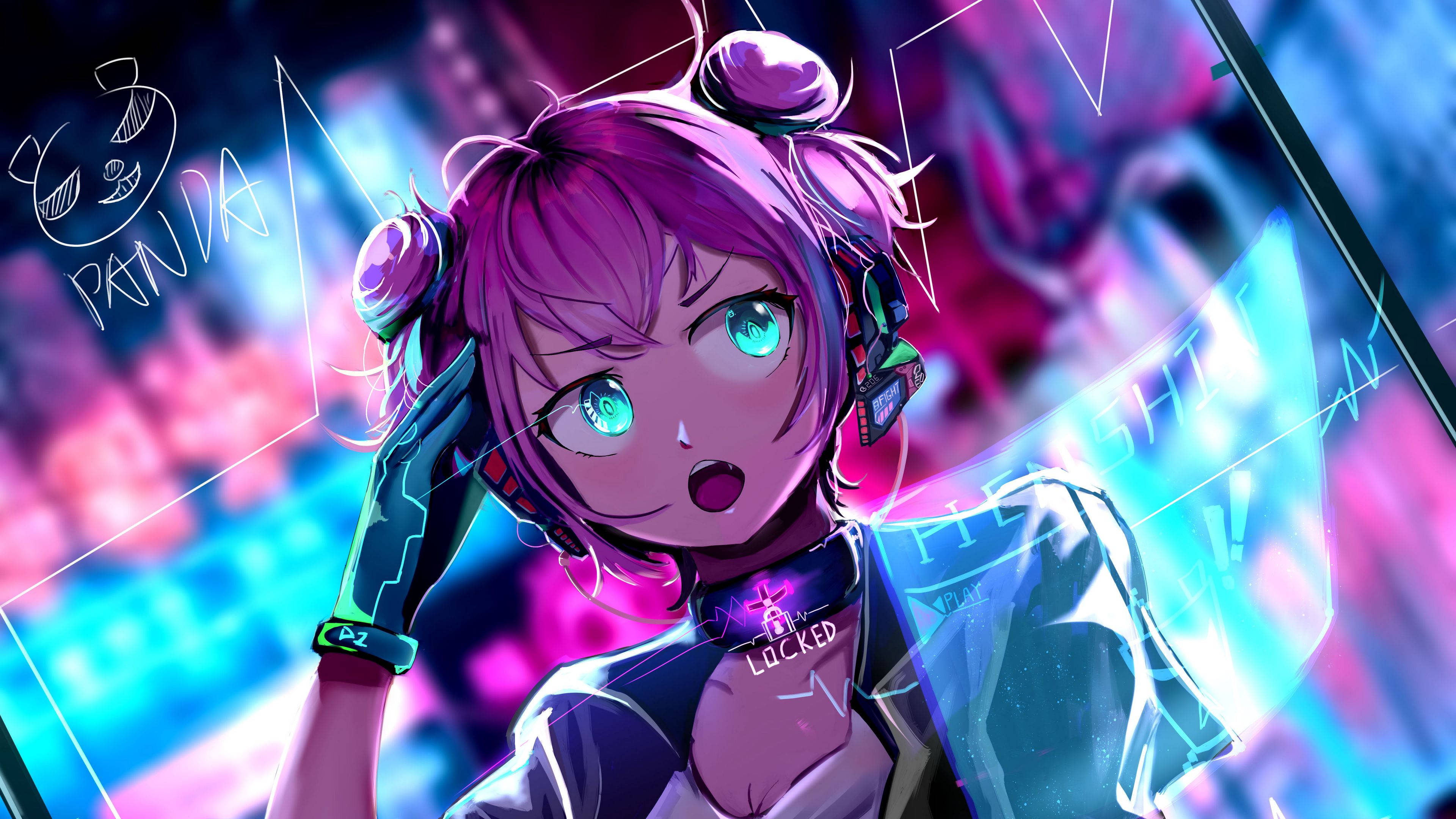 4K動畫藝術：Sayori 壁紙 — 一個驚訝的動漫女孩，紫色頭髮，發光的青色眼睛，穿著未來主義裝備，背景是霓虹賽博朋克。