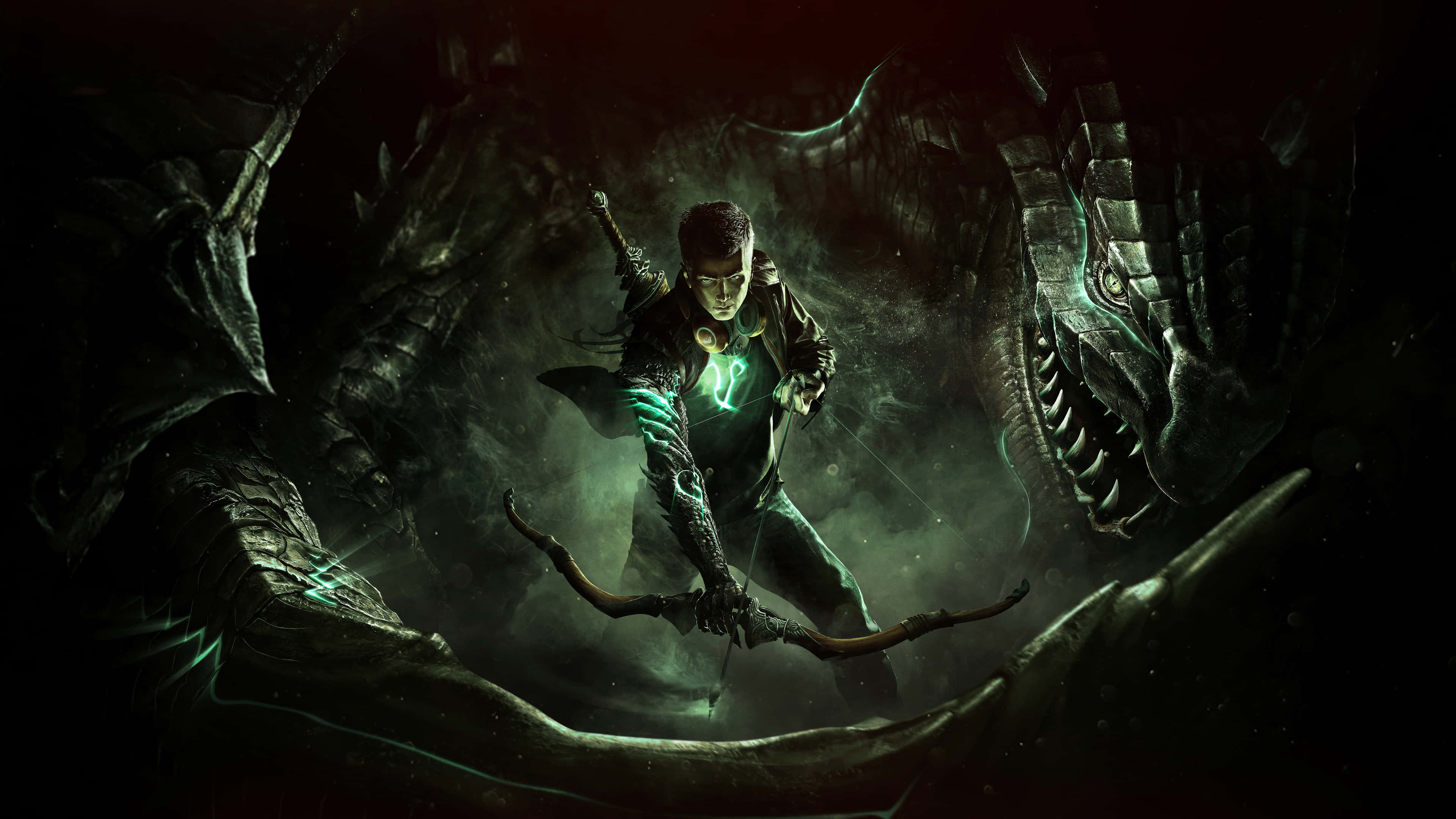 4K 超高清遊戲《Scalebound》 壁紙 — 一名戰士手臂上帶有發光的綠色符文，在迷霧洞穴中於一條黑暗巨龍的巨大下顎之間拉弓。